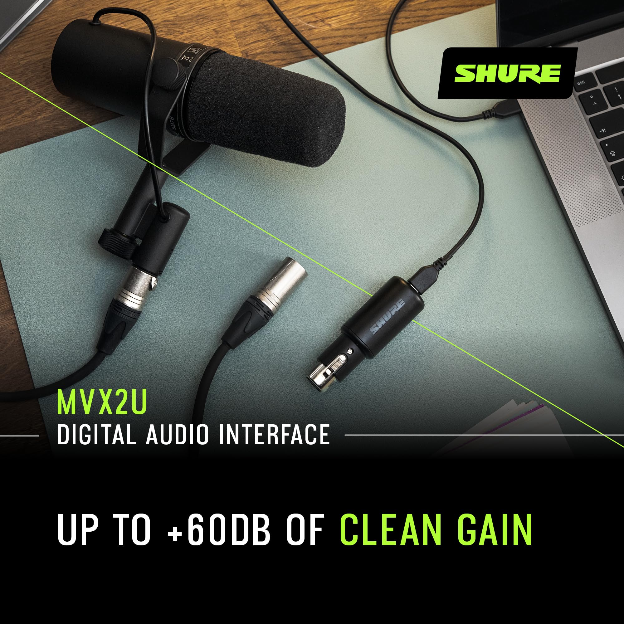 Shure Mvx2U Xlr-To-Usb Digital Interface With Headphone Jack, Integrated Pre-Amp With 60Db Gain Control, Zero-Latency Monitoring