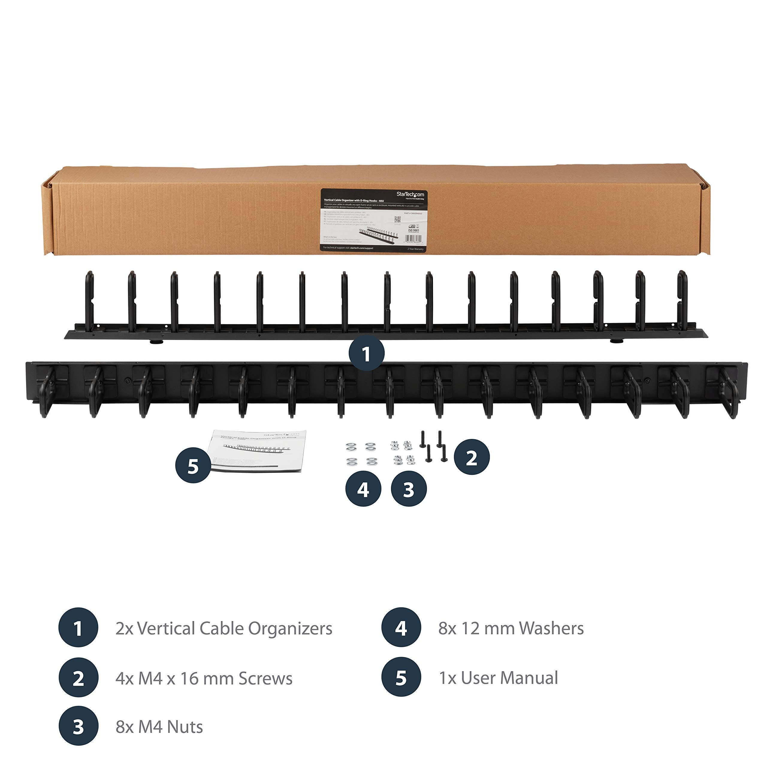 Startech.Com Vertical 40U Server Rack Cable Management W/ D Ring Hooks   40U Network Rack Cord Manager Panels   2X 3Ft Wire Orga