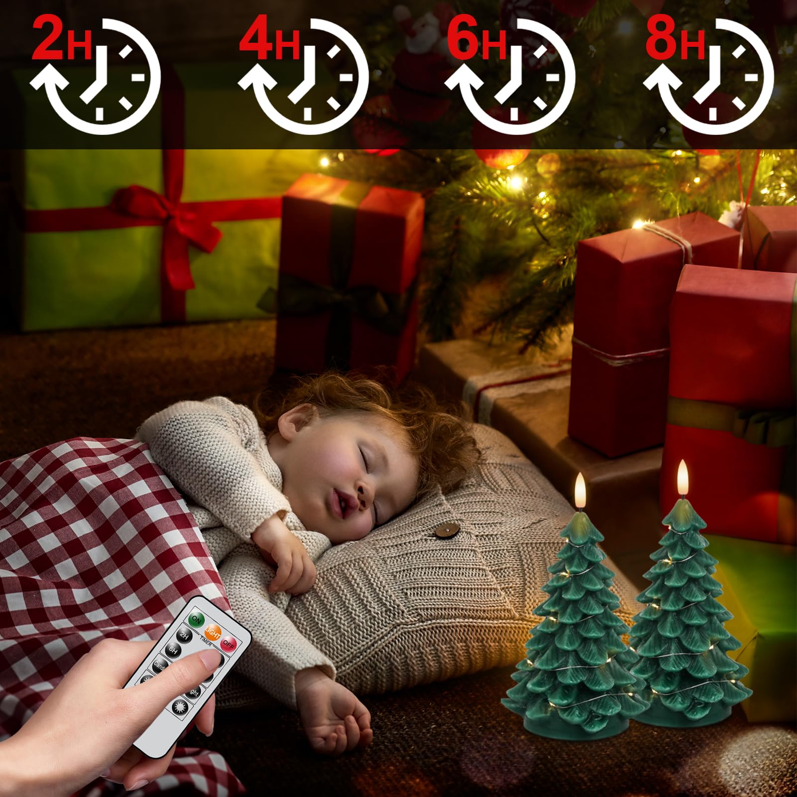 Lasumora Christmas Tree Shaped Led Candles With Remote Timer, 2 Pcs Flameless Pillar Candles With Embedded String Lights, Batter