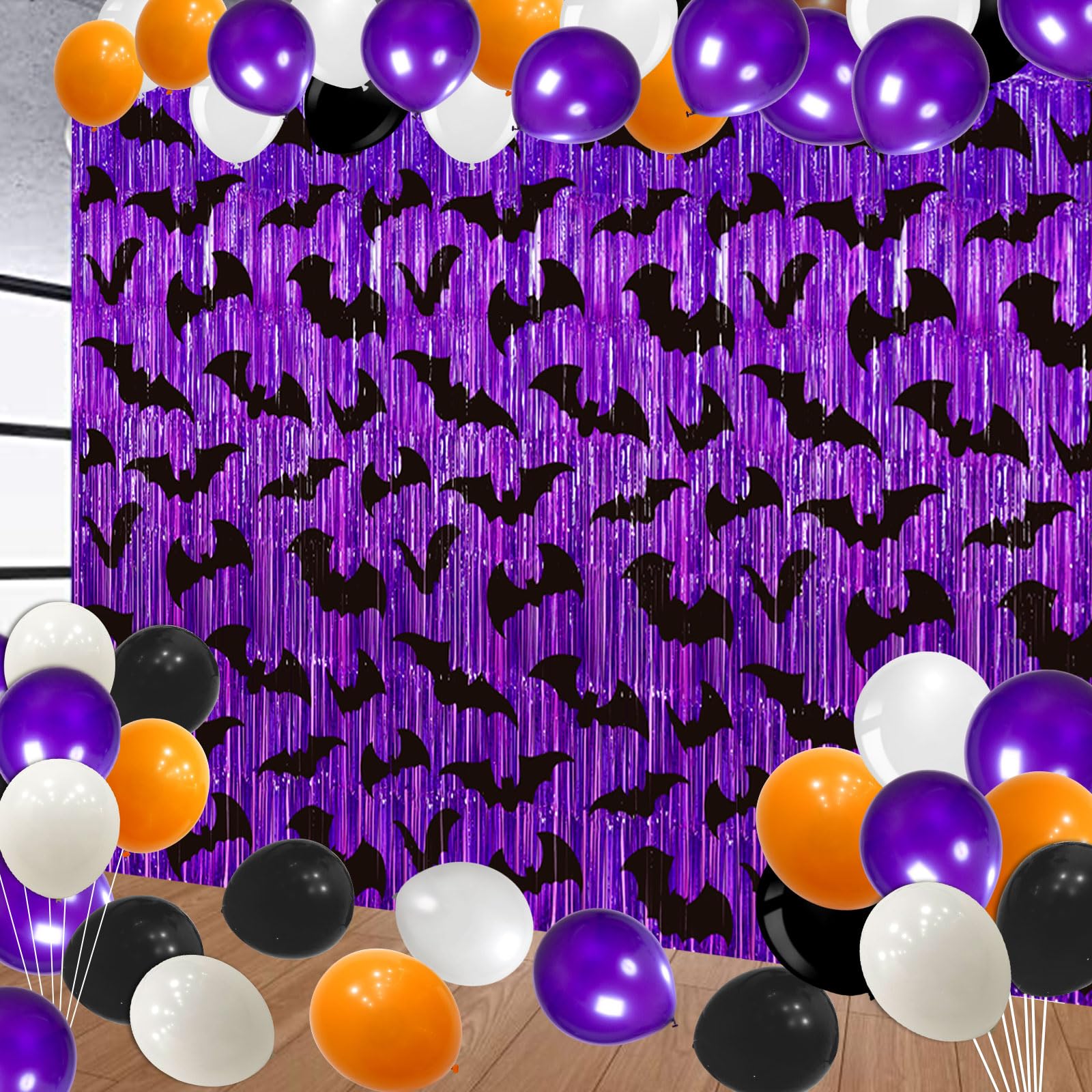 Yavxzvbw Purple Halloween Fringe Curtain Halloween Party Decorations Halloween Photo Backdrop with Purple Black Bat Decorations 