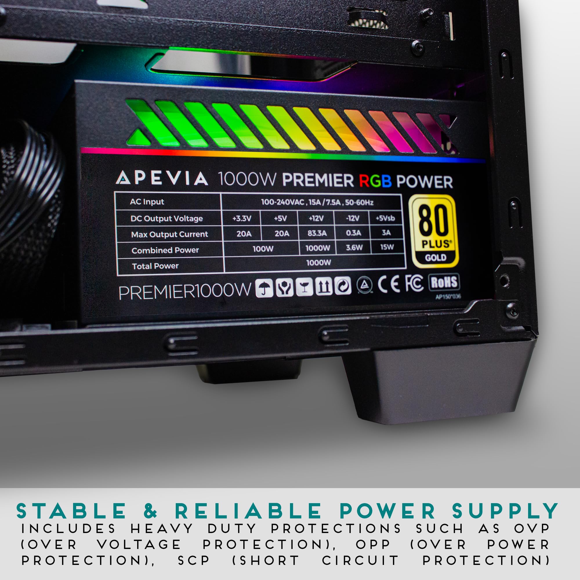 Apevia Atx Pm1000W Pcie 5.0 & Atx 3.0 Ready Premier 1000W 80+ Gold Certified, Includes Pcie 5.0 / Gen 5 12Vhpwr Connector, Activ