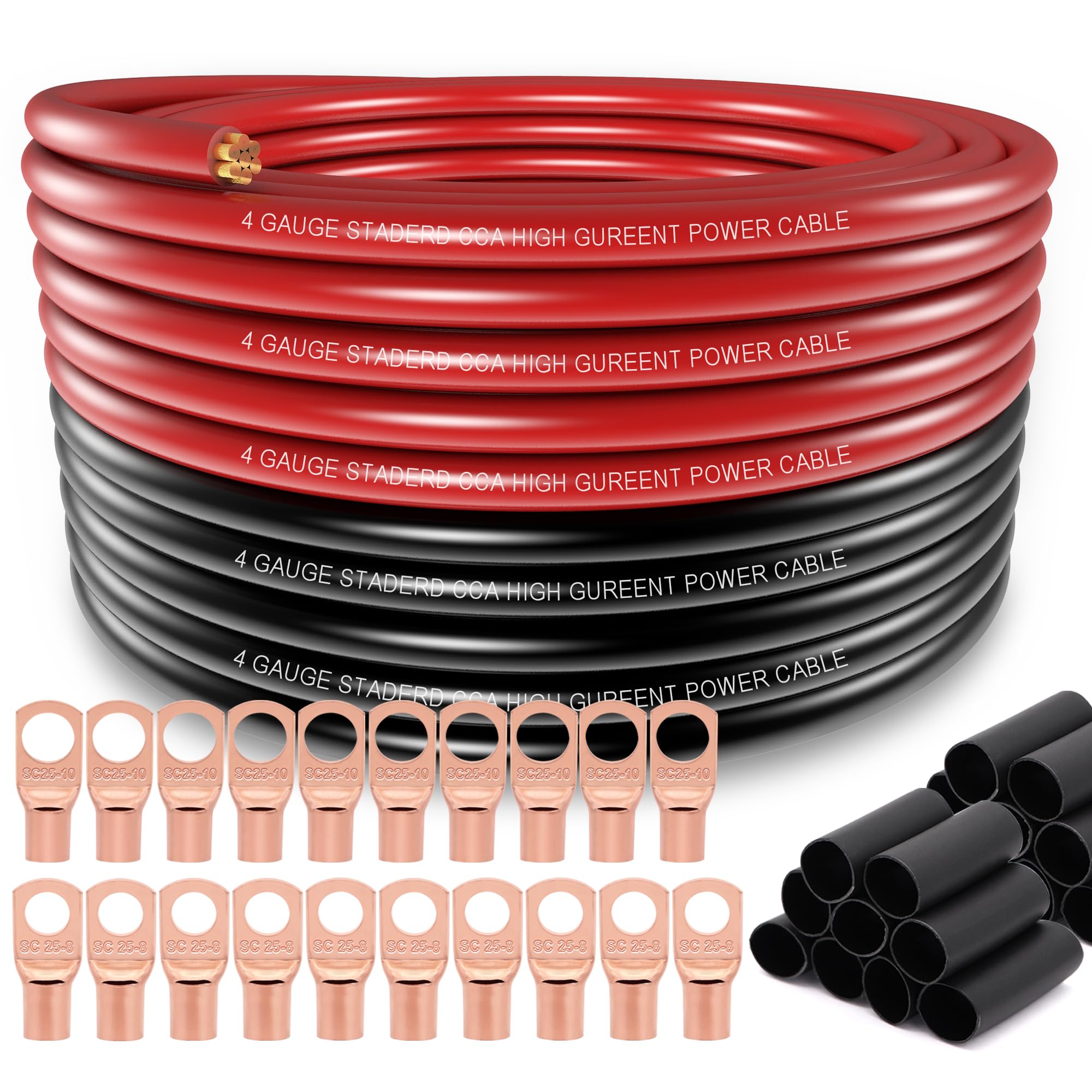 4 Gauge Wire (25Ft Each  Black/Red) Copper Clad Aluminum Cca,20Pcs Lugs Terminal Connectors With 3:1 Heat Shrink Tube For Power/