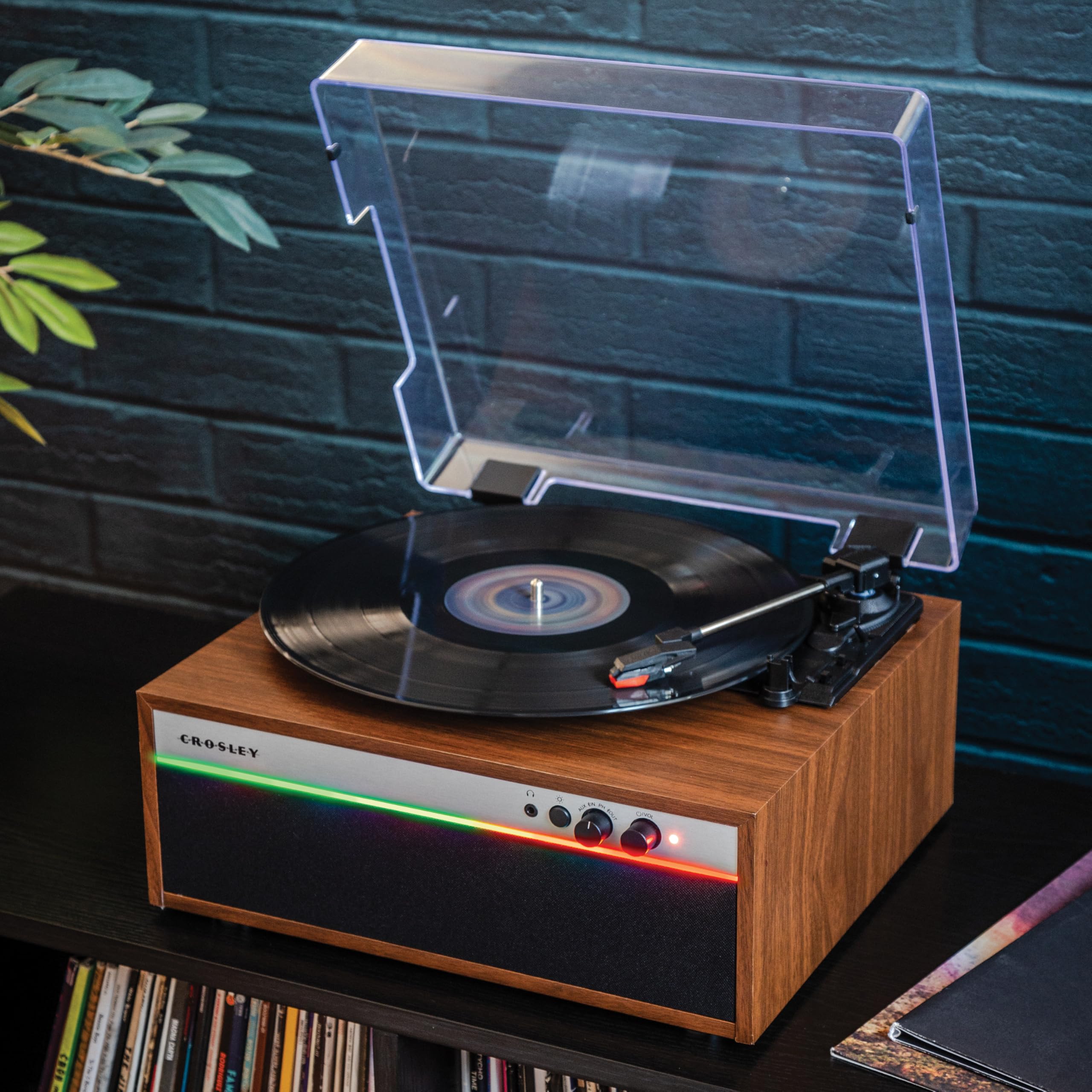 Crosley Cr6048A-Wa Strobe Bluetooth Vinyl Record Player With Music Sync Color Changing Led Lights, Walnut