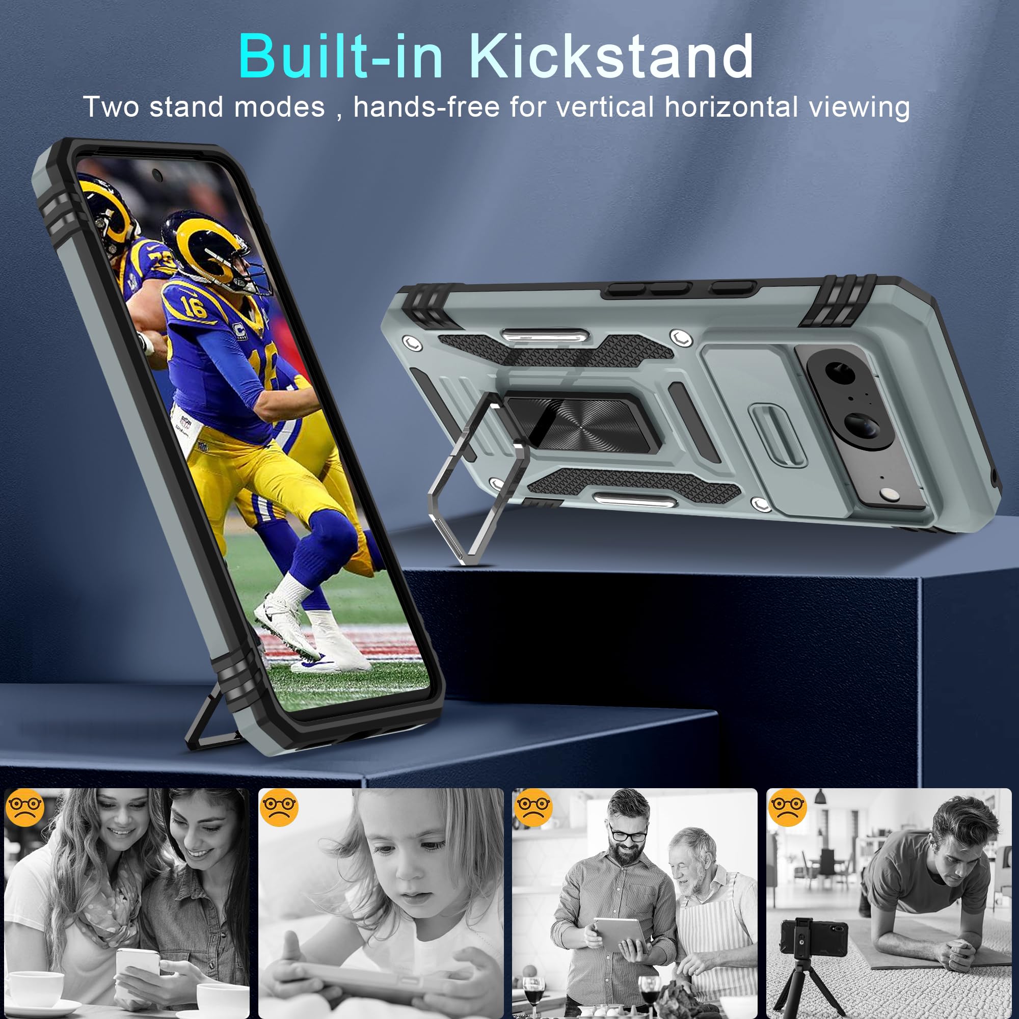 Deerlamn Case For Google Pixel 8 With Slide Camera Cover+Screen Protector (1 Pack), Rotated Ring Kickstand Military Grade Shockp