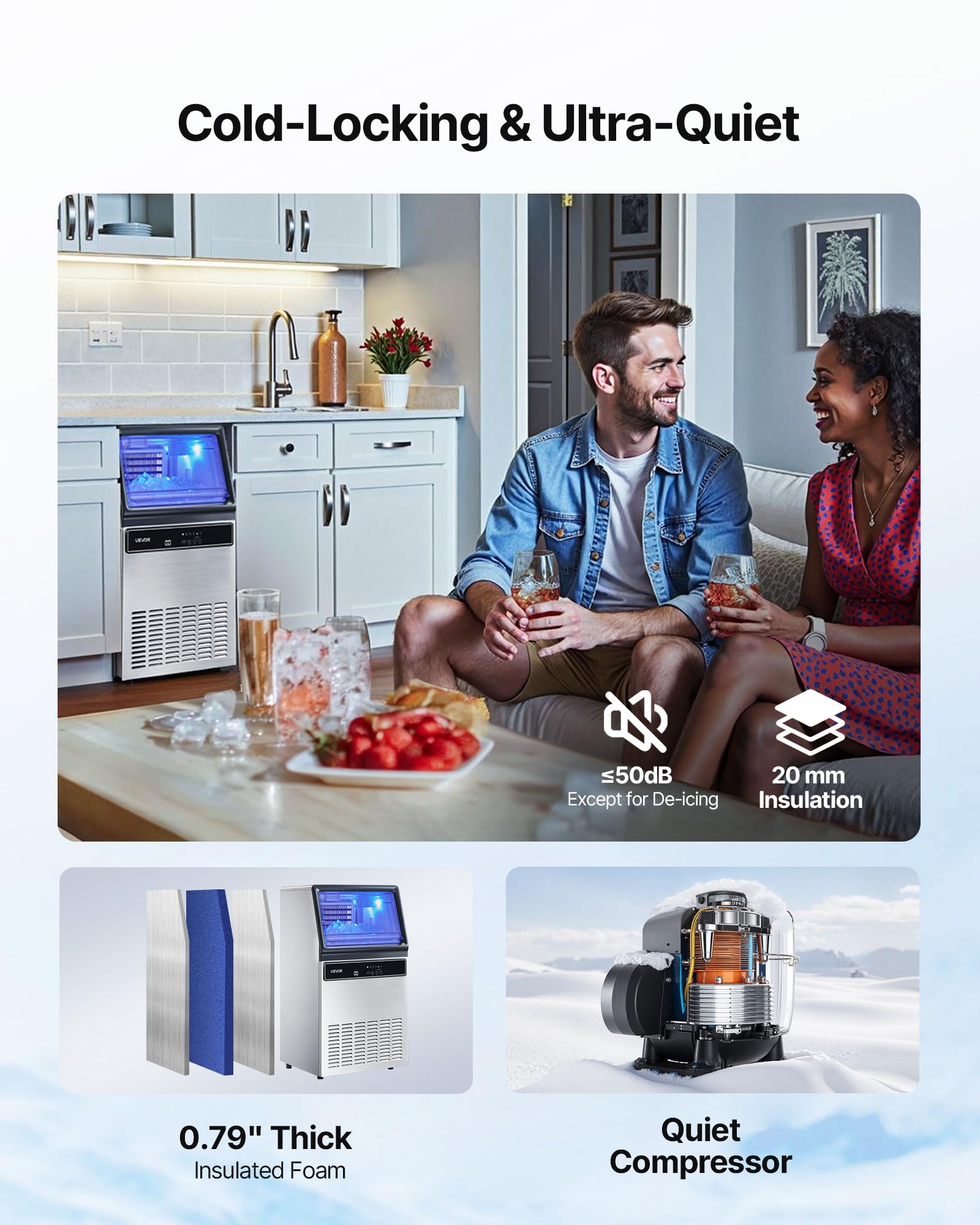 Vevor Commercial Ice Maker Machine, 130Lbs/24H With 33Lbs Storage, 45 Cubes Per Cycle, Stainless Steel Freestanding & Under Coun