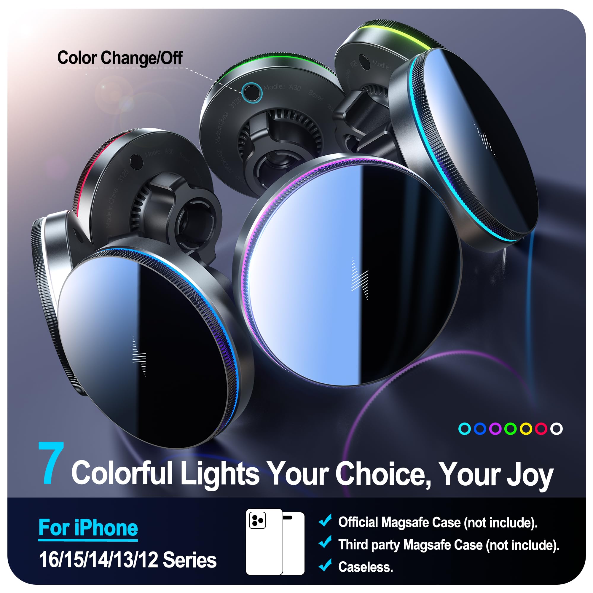 Beser For Magsafe Car Mount Charger, (4.13 Lbf) Large Magnetic, 15W Qi Wireless Charger For Car, Vent/Dashboard, Phone Holder Fo