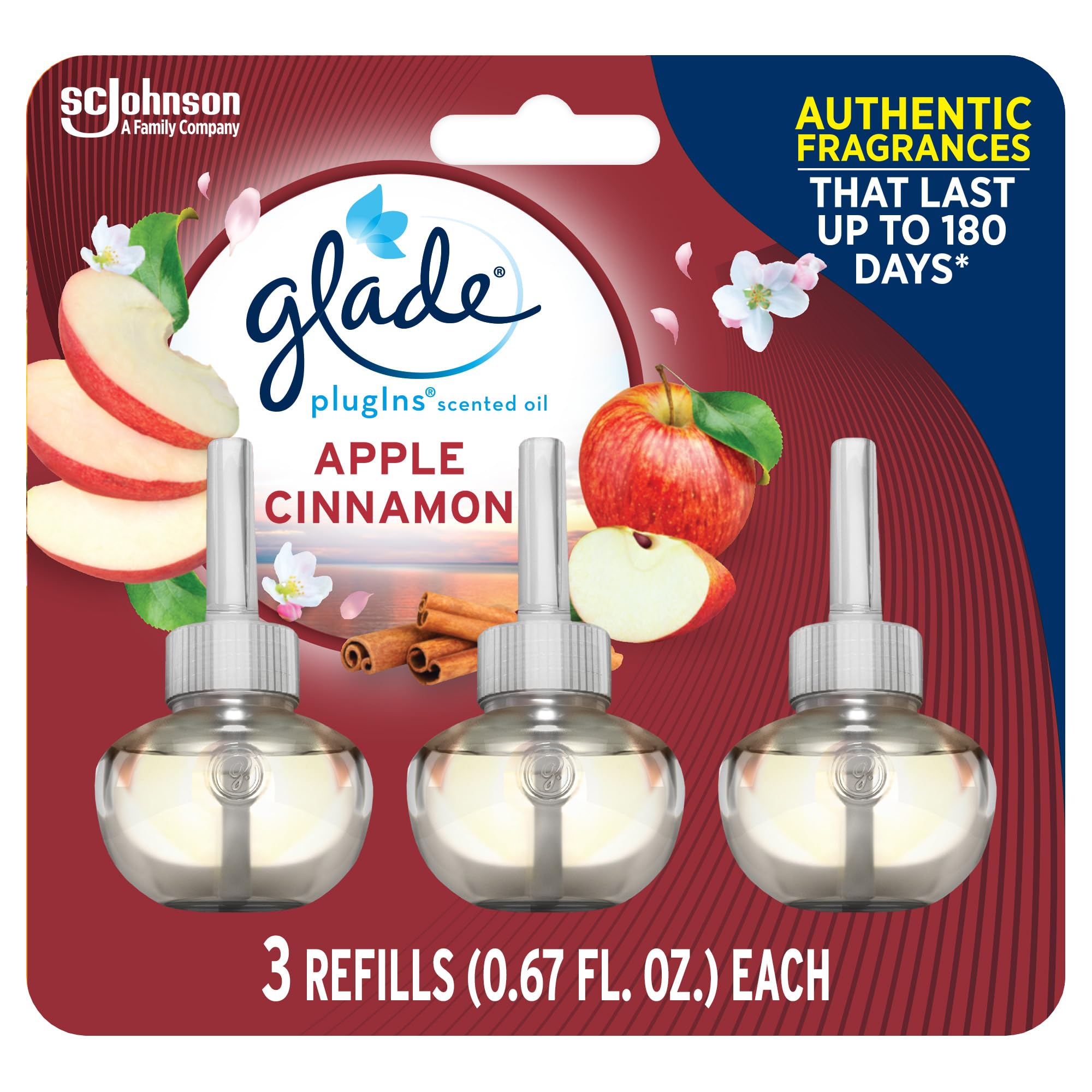 Glade Plugins Refills Air Freshener, Scented And Essential Oils For Home And Bathroom, Apple Cinnamon, 2.01 Fl Oz, 3 Count