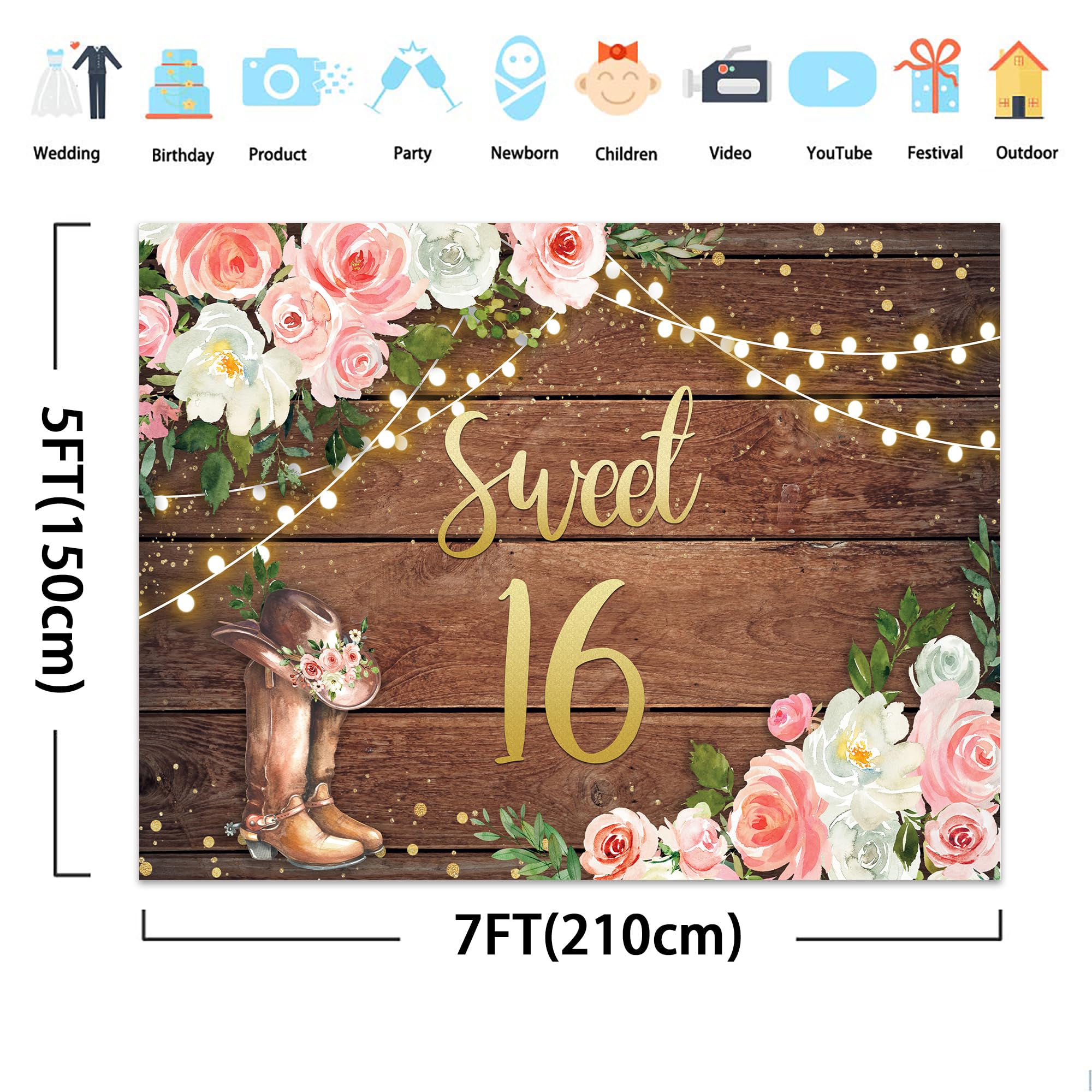 Svbright Sweet 16 Backdrop 7Wx5H Western Cowgirl Happy Birthday Rustic Country Wood Plank Pink White Floral Flower Rose Retro Bo