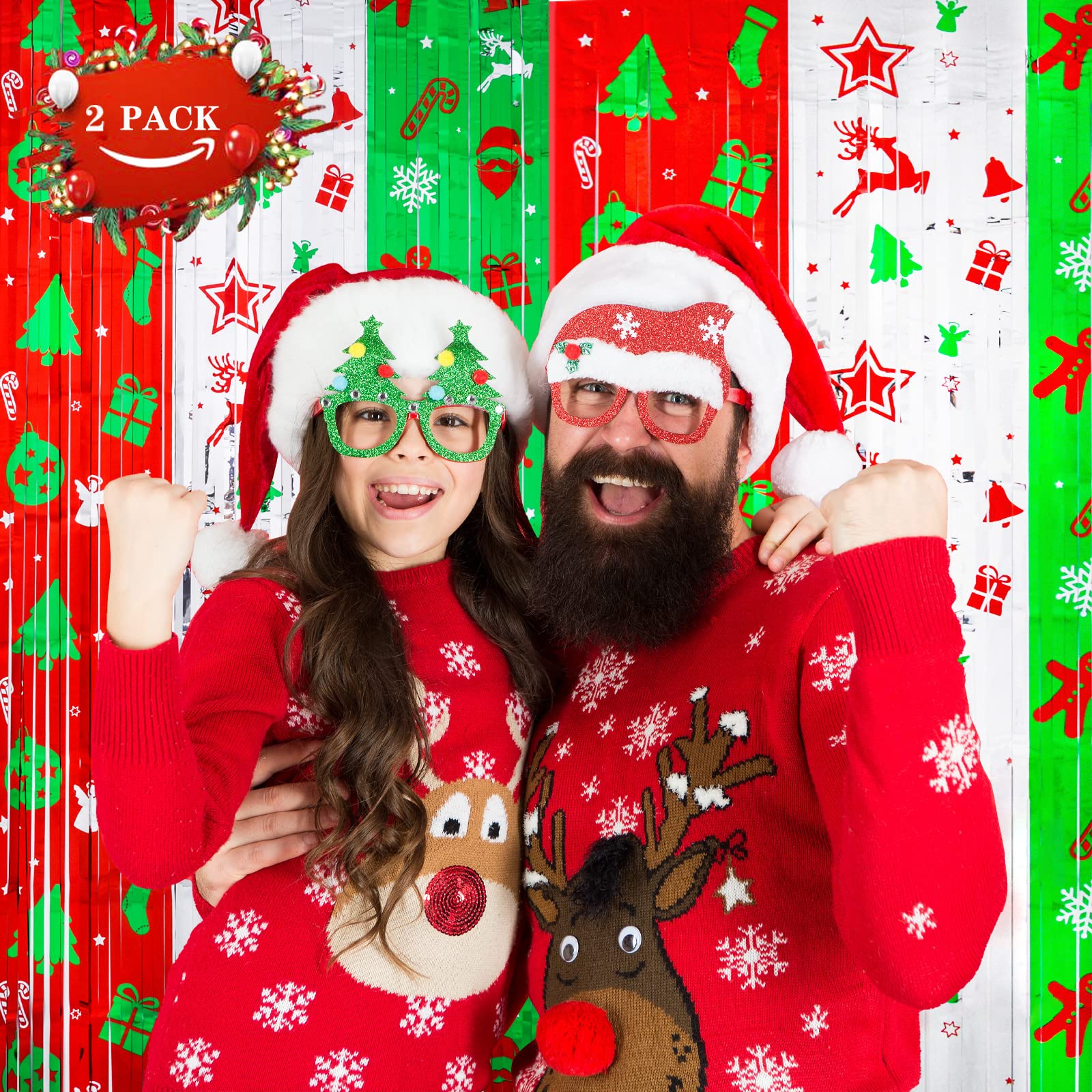 Lolstar Foil Fringe Curtains   Christmas Themed Red, Silver, Green   3.3 X 6.6 Ft Photo Backdrop For Ugly Sweater Parties