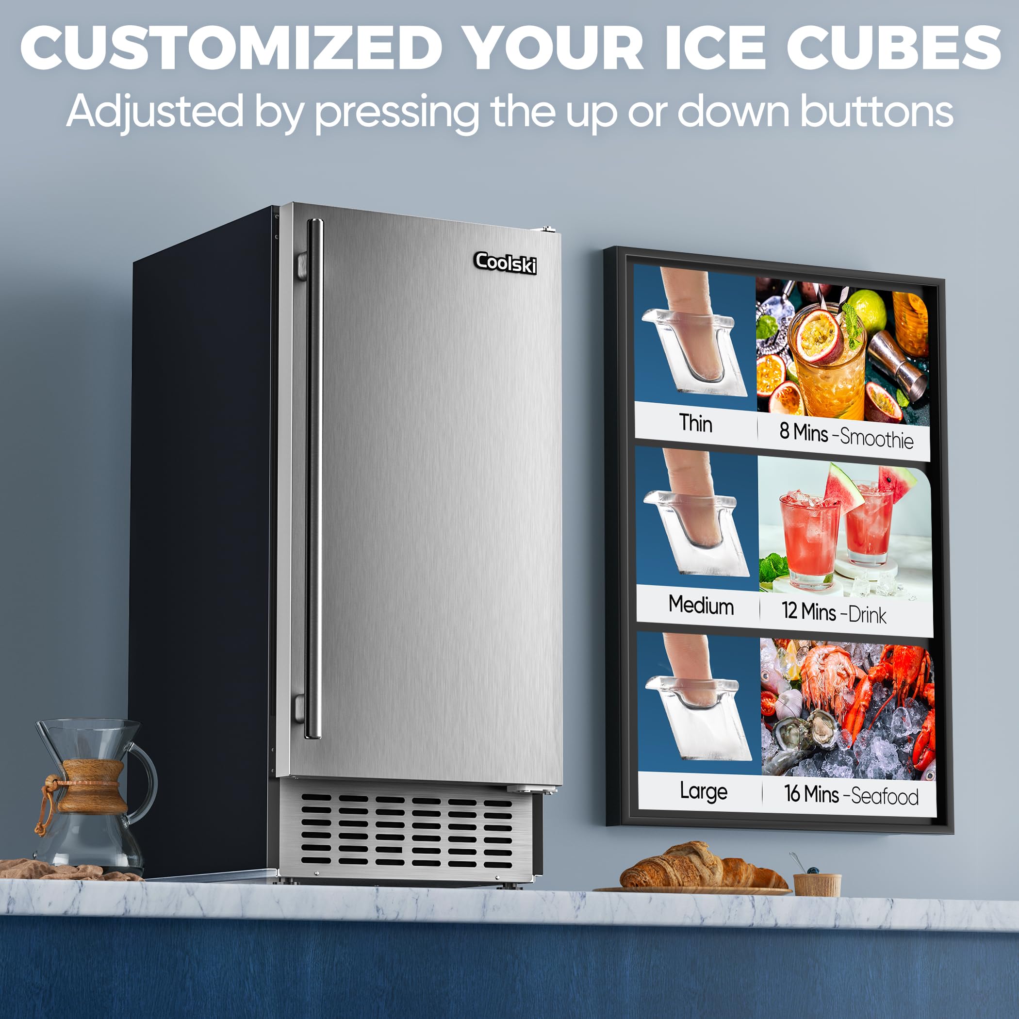 Coolski Commercial Under Counter Ice Maker Machine, 130Lbs/Day With 30Lbs Ice Storage, Stainless Steel Built-In Freestanding Ice