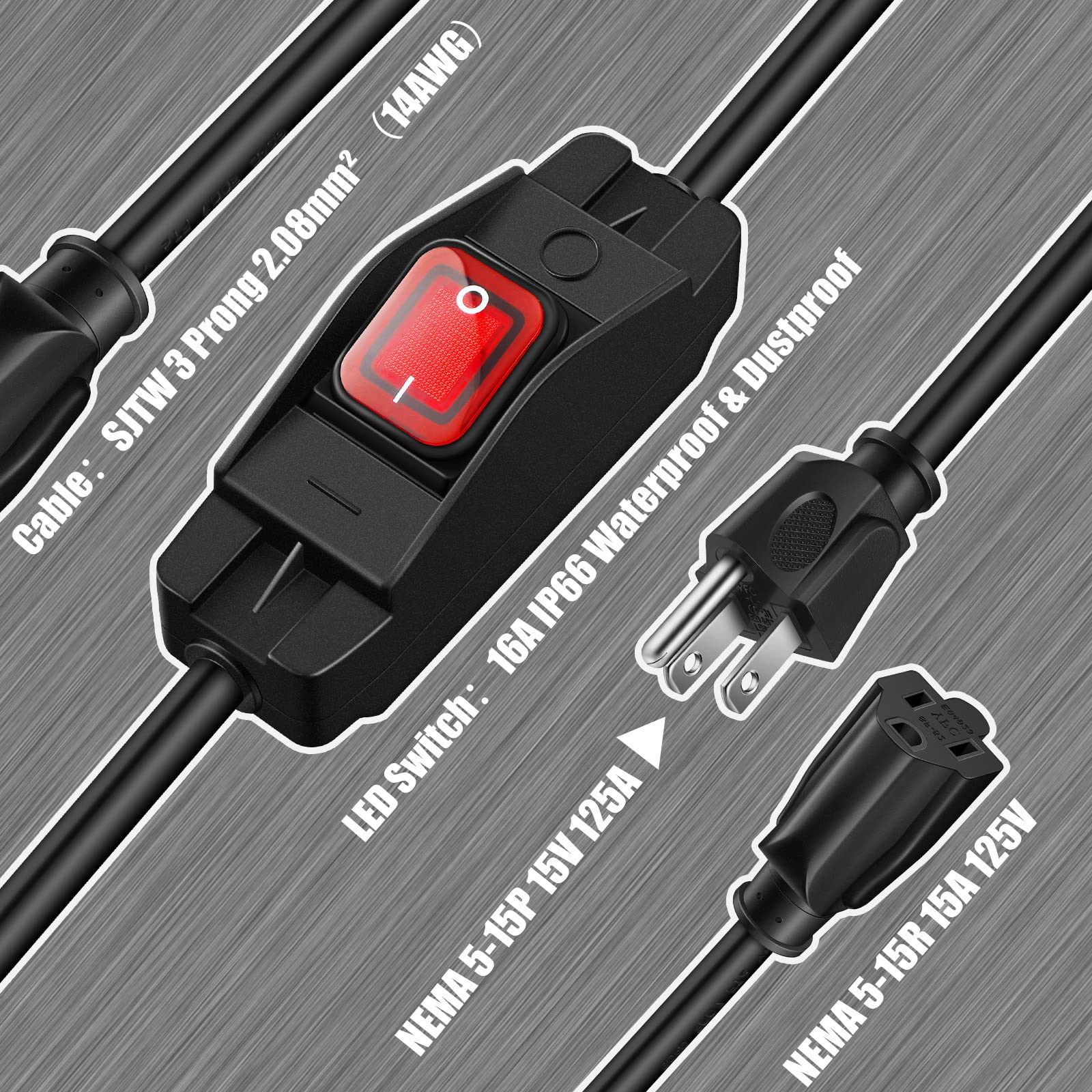 Weewooday 3 Prong Extension Cord Compatible With Waterproof Switch 1875W Heavy Duty 14 Awg Extension Cable 15A 125V Nema 5 15P T