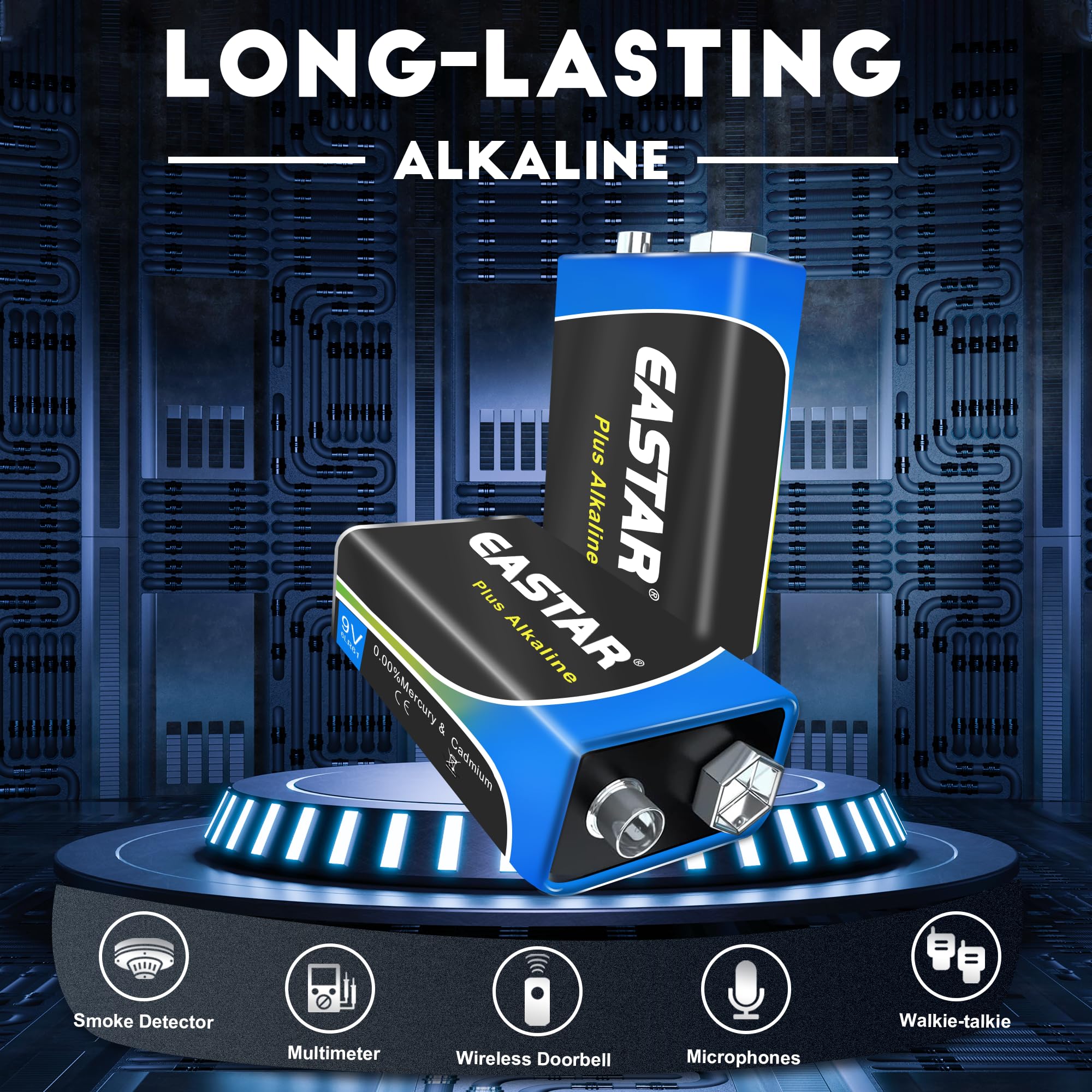 Eastar Bts 9V Batteries - Alkaline 9 Volt Batteries (2 Pack) For Smoke Detectors, Long-Lasting Power For Daily Devices, 10 Year