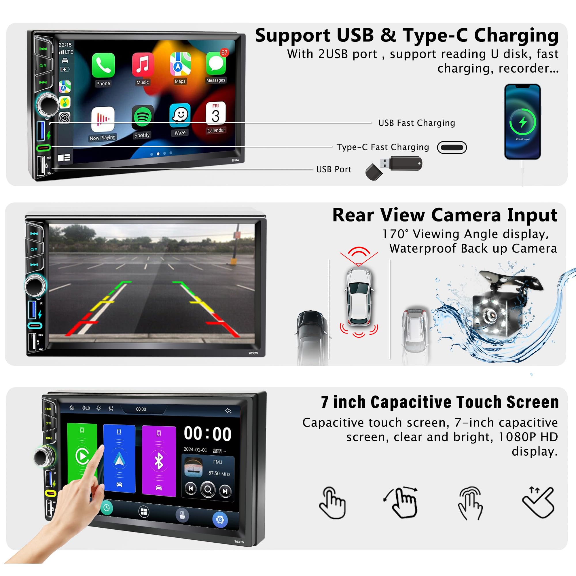 Emeito 7 Inch Double Din Car Stereo With Wireless Apple Carplay&Android Auto, Double Din (7X4.02)Bluetooth 5.0 Hands-Free, Dual