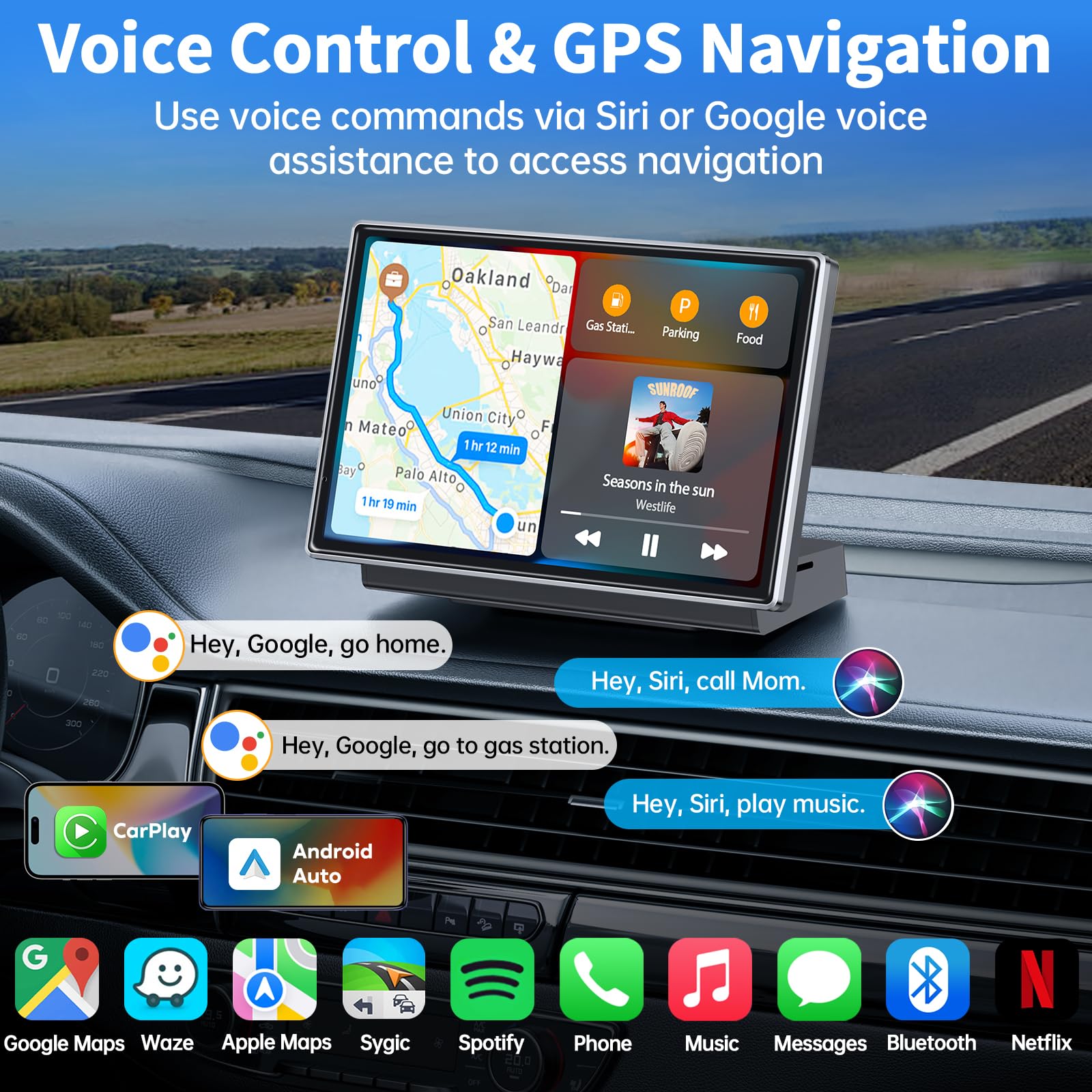 Wireless A Pple Car Play With Bluetooth, 7'' Portable A Pple Carplay & Android Auto Car Play Screen, With Gps Navigation/Mirror