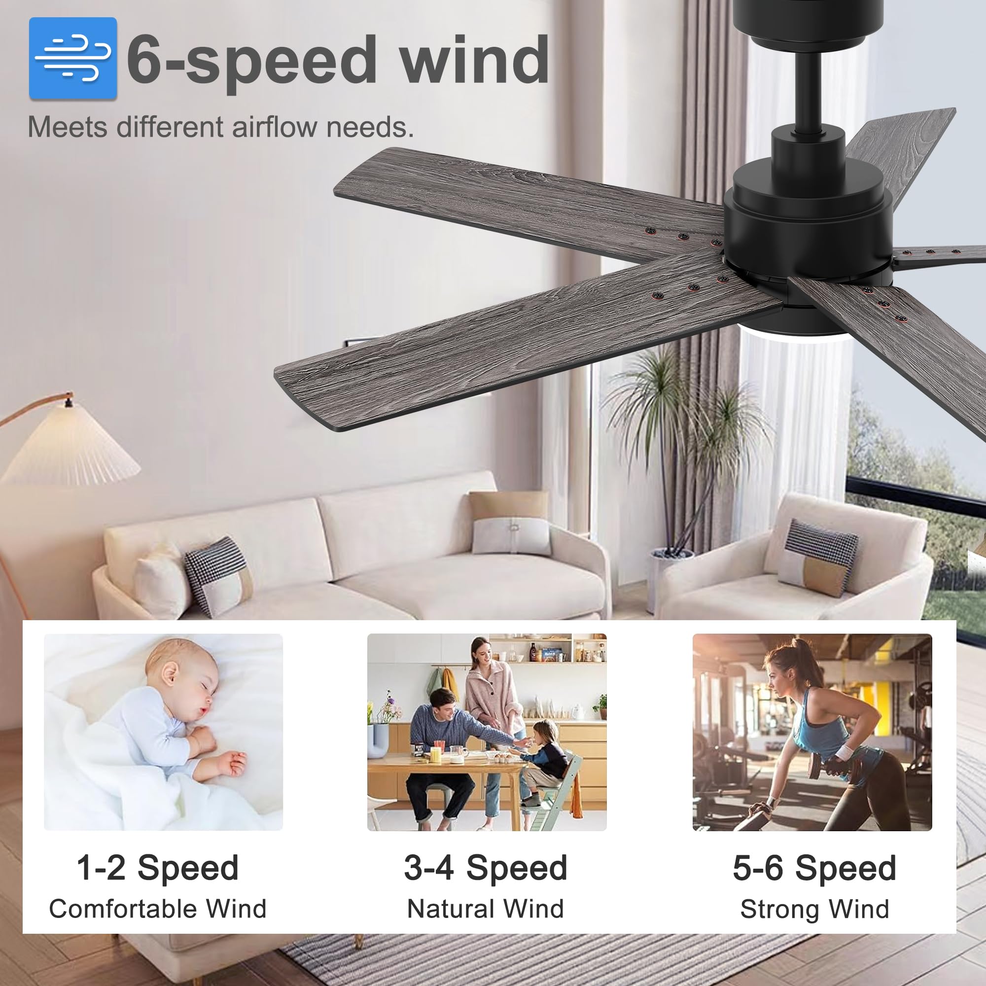 52 Inch Black Ceiling Fan With Light And Remote Control. Dimmable 3 Color Temperatures Led Ceiling Fan. 6 Speeds Reversible Dc M