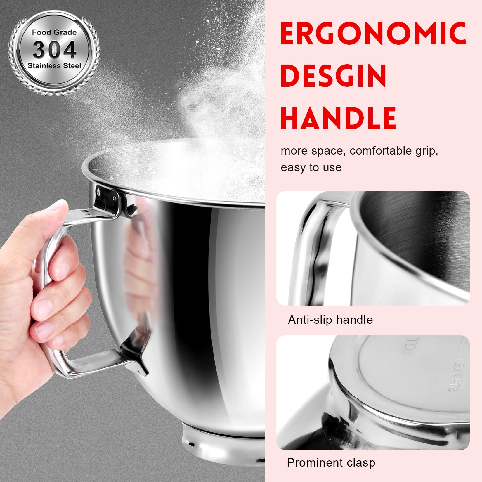 Ggc Stainless Steel 5Qt Mixing Bowl With Handle, Compatible With Kitchenaid 4.5 5 Quart Tilt Head Stand Mixers, Multipurpose Kit