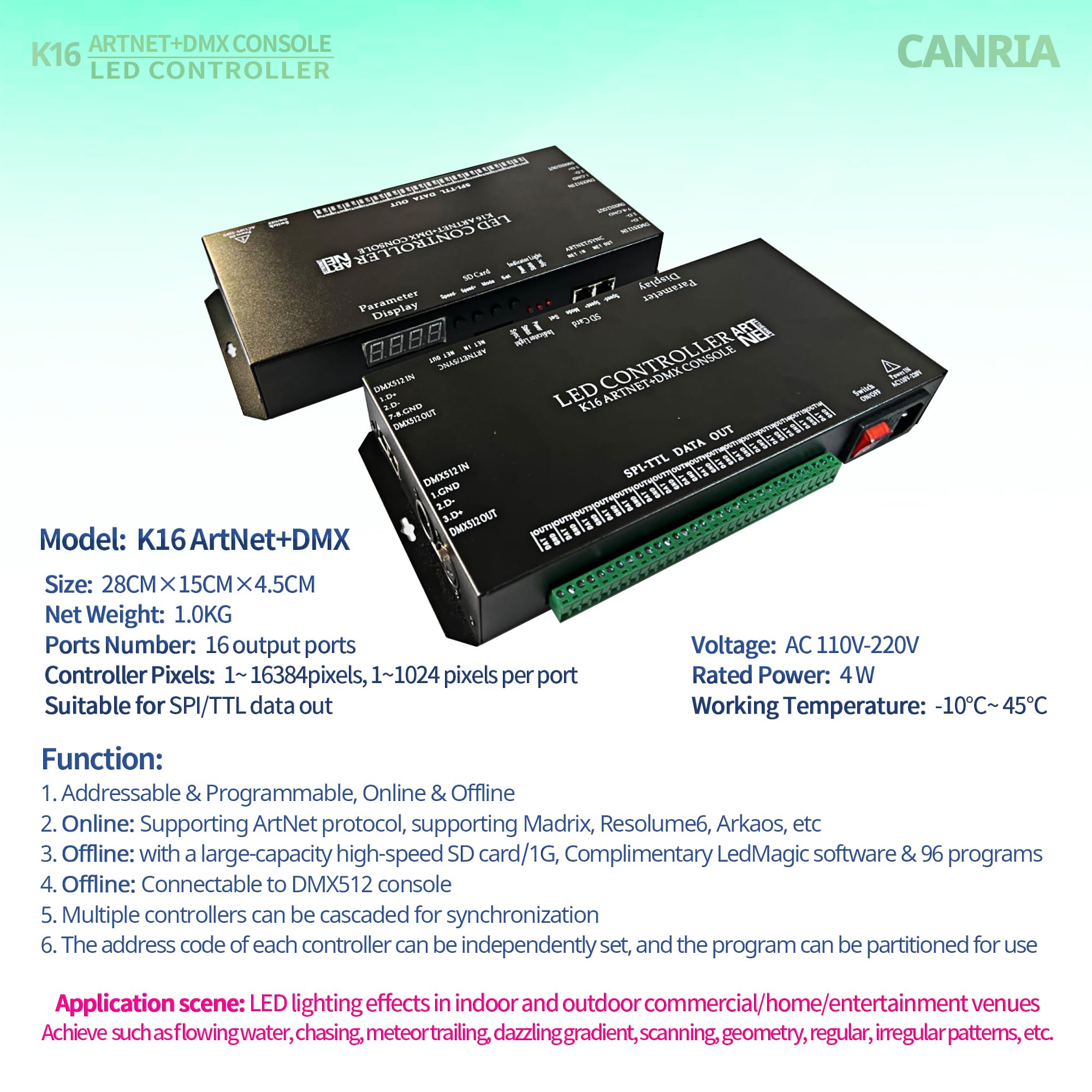 Canria K16 Artnet+Dmx Console Led Controller, Professional Lighting Control, Suitable For Spi Ttl, Online Offline, Addressable P