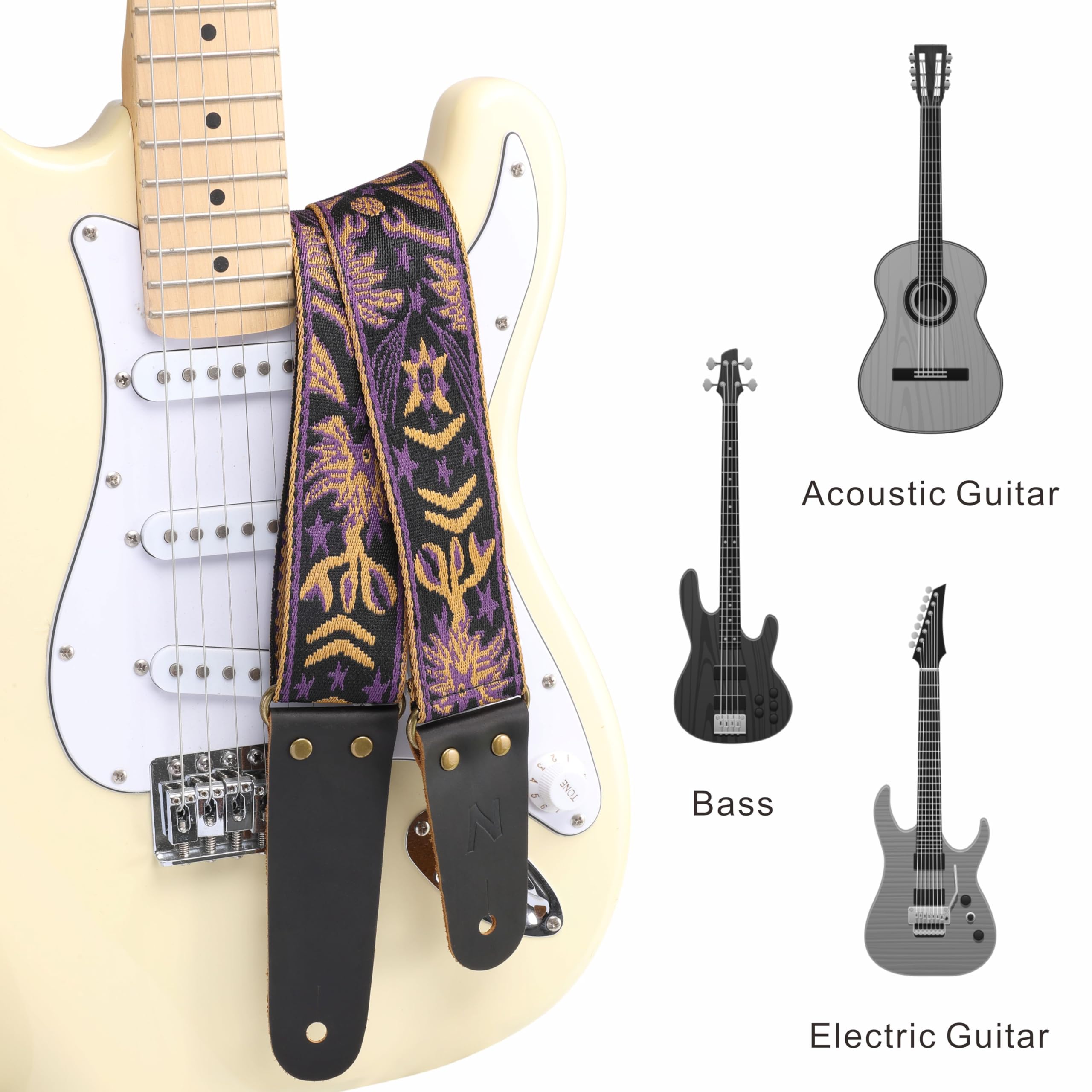 Nefelibata Guitar Strap, 2'' Embroidery Full Grain Leather Ends Guitar Straps With Hidden Pocket, For Bass, Electric And Acousti