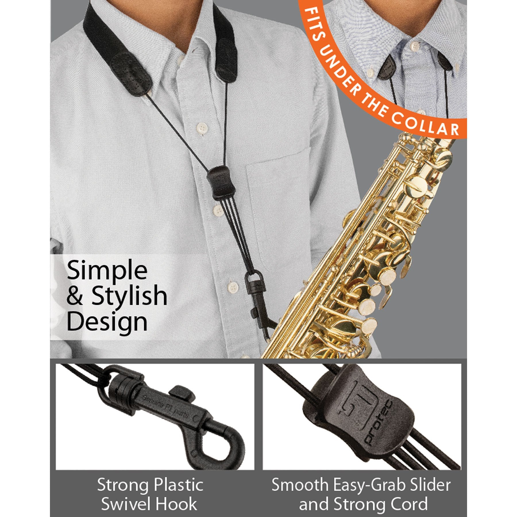Pro Tec Na305P 24'' Nylon Saxophone Neck Strap With Plastic Swivel Snap Black Tall
