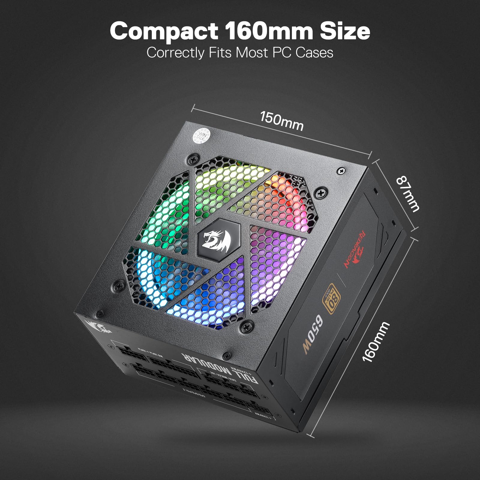Redragon Psu013 80+ Gold 650 Watt Atx Fully Modular Power Supply W/ 80 Plus Gold Certified, Compact 160Mm Size & Rgb Low Noise S