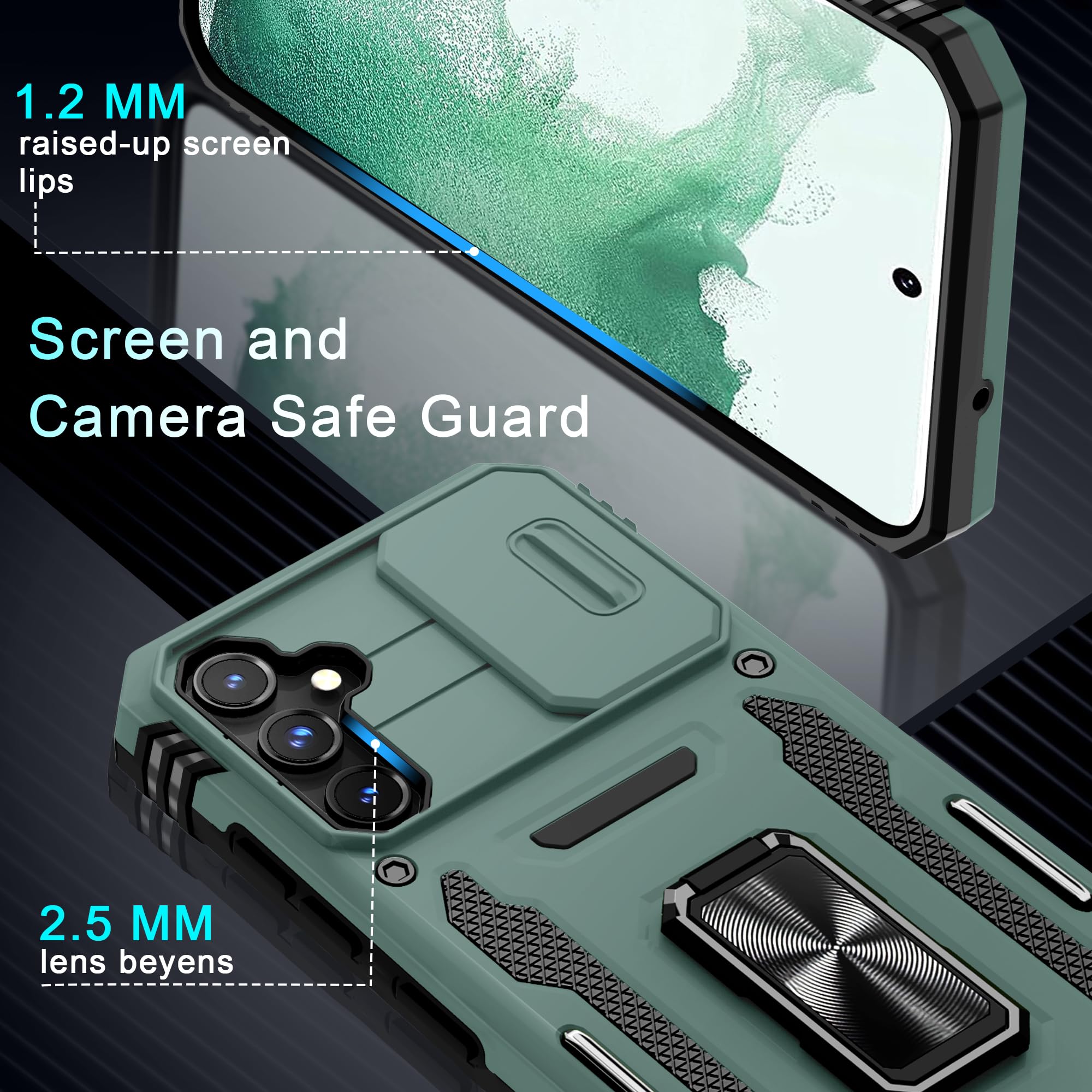 Deerlamn Case For Samsung Galaxy S23 Fe With Slide Camera Cover+Screen Protector(1 Pack),Rotated Ring Kickstand Military Grade S