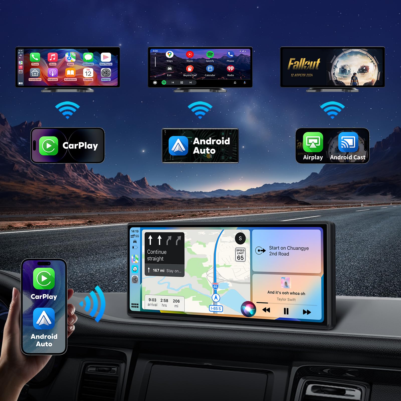 [Upgraded Hd Screen With Secure Strong Bracket] Portable 10.26'' Wireless Carplay & Android Auto Screen For Car, Voice Control/G