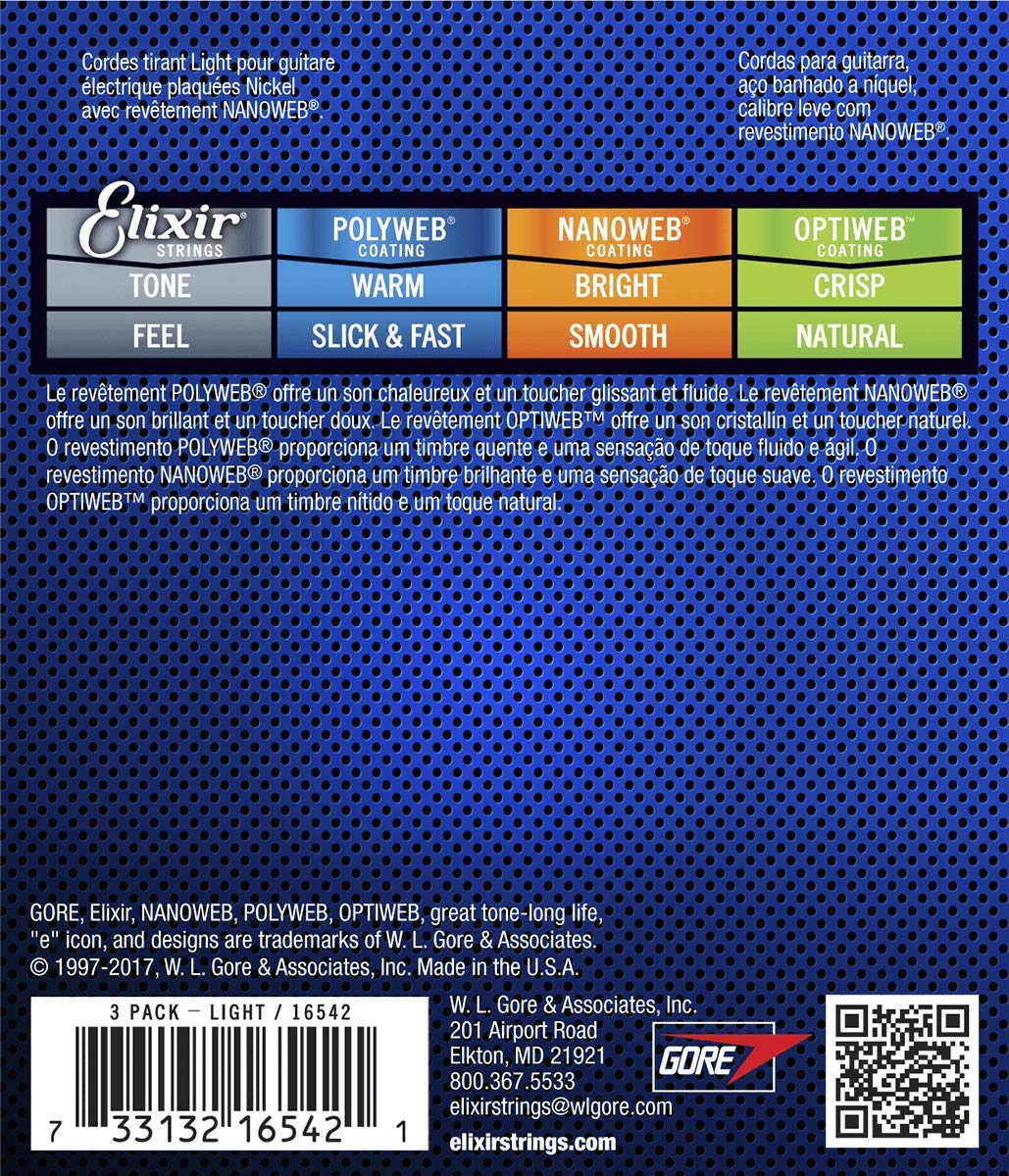 Elixir Strings 16542 Electric Guitar Strings With Nanoweb Coating, 3 Pack, Light (.010 .046)