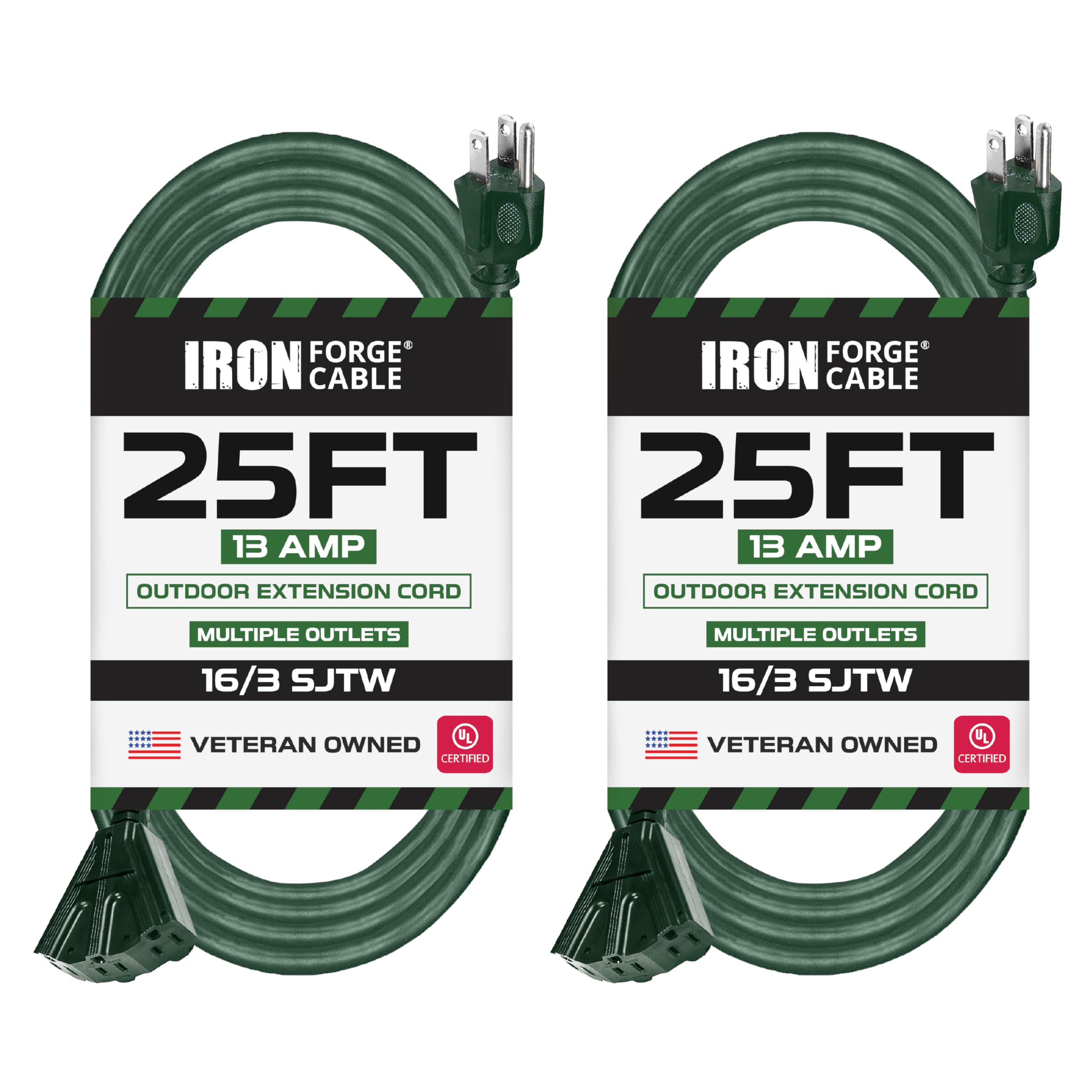 Iron Forge Cable 3 Outlet Outdoor Extension Cord 25 Ft, 2 Pack, 16/3 Heavy Duty Green Extension Cord With Multiple Outlets 3 Pro