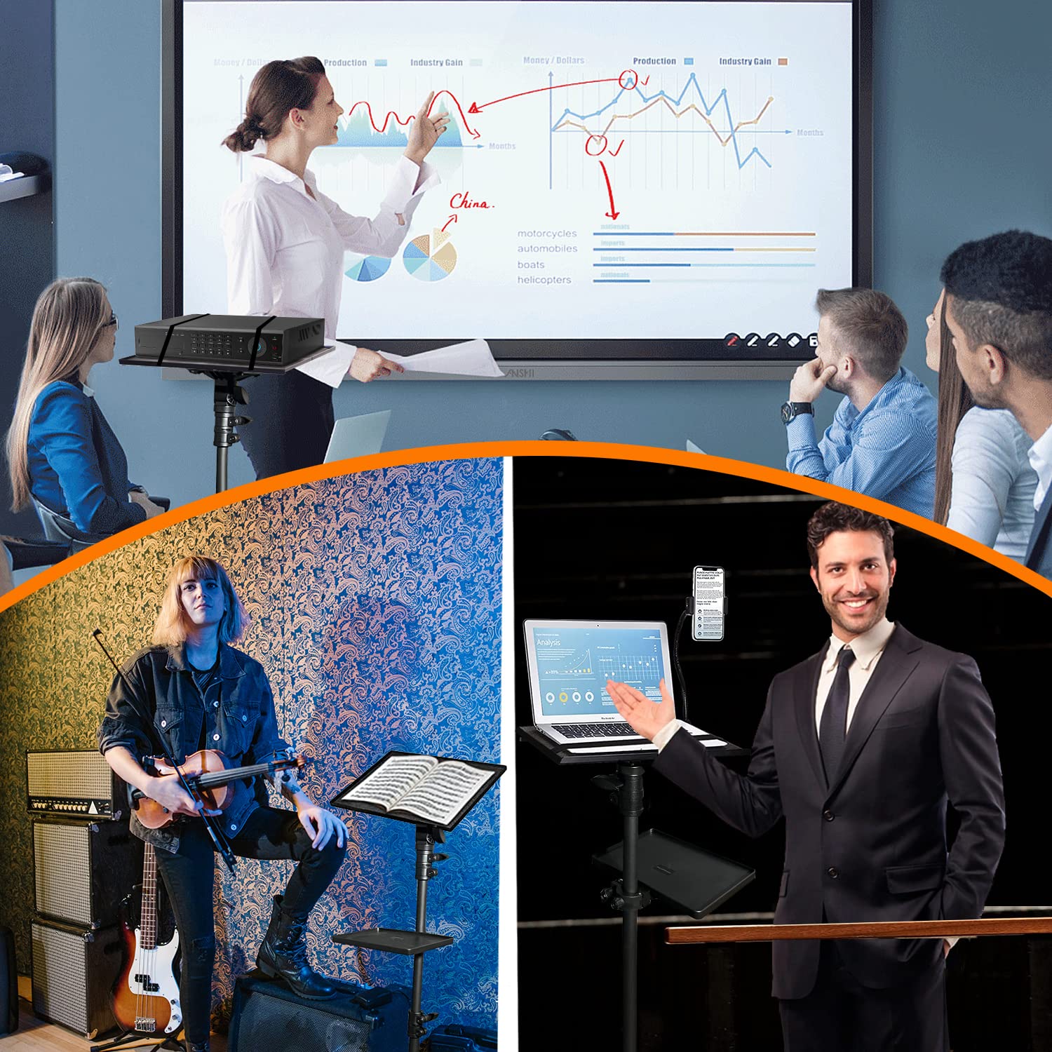 Asltoy Projector Tripod Stand With Wheels Adjustable Height Laptop Tripod Stand Treadmill Laptop Stand With 2 Shelves Phone Hold