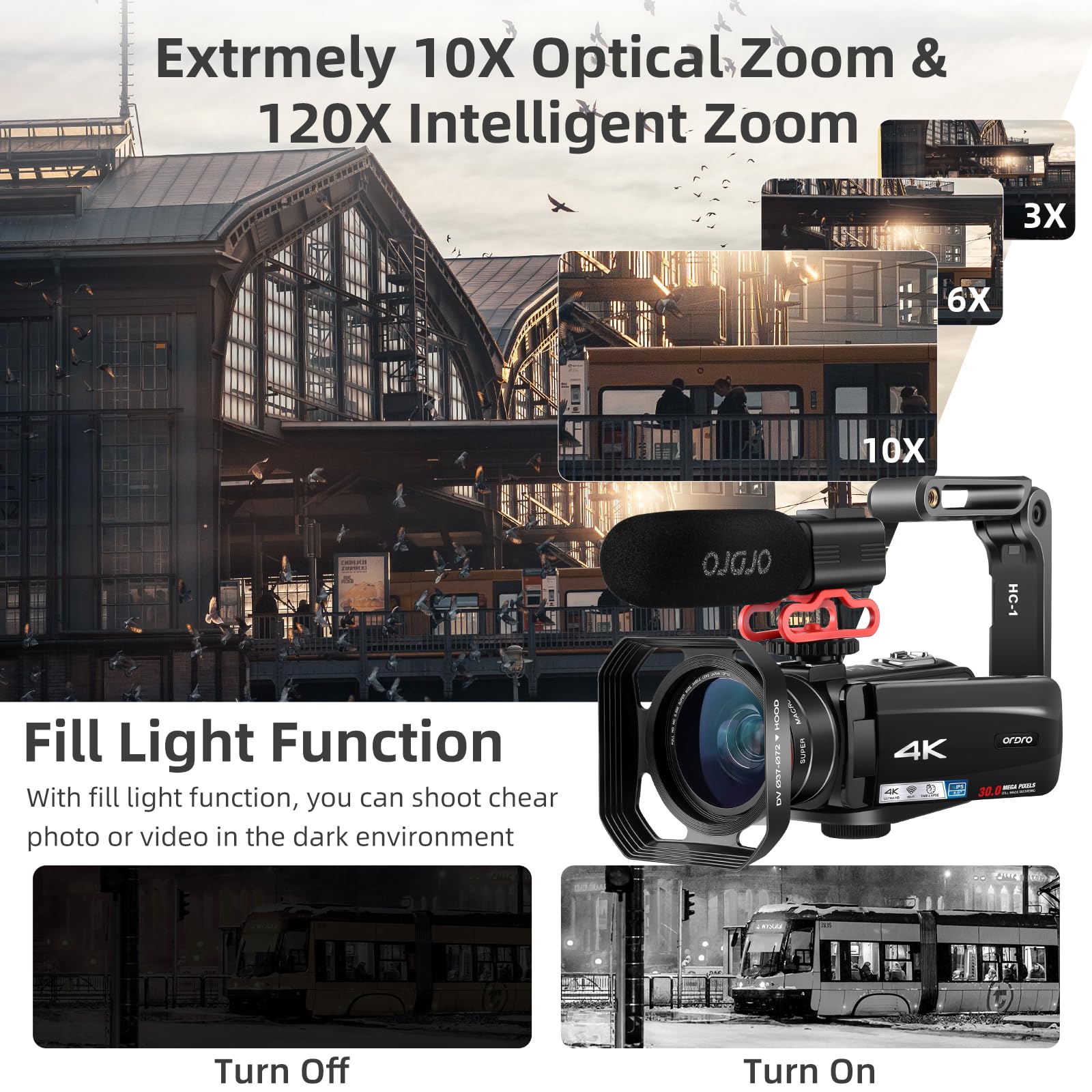 Video Camera 4K Camcorder With 10X Optical Zoom & 120X Intelligent Zoom, 4K 30Mp Wifi Youtube Video Streaming Camera 3.0' Ips Touch Screen Digital Camera With Microphone, Wide Angle Lens, 32G Card