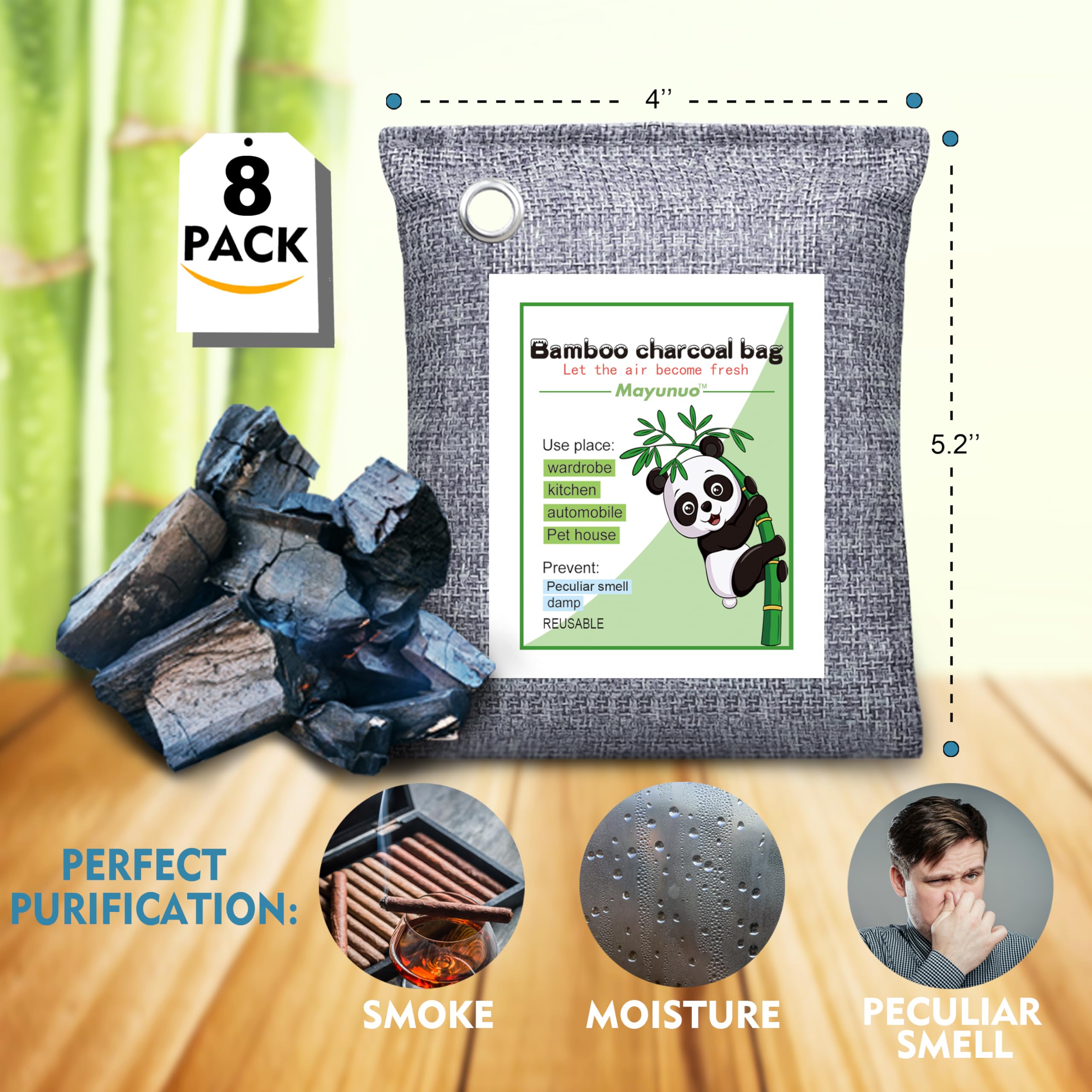 Mayunuo Bamboo Activated Charcoal Odor Absorber Nature Fresh Air Purifying Bag, 8 Pack W Hooks, Home Closet Car Air Freshener De