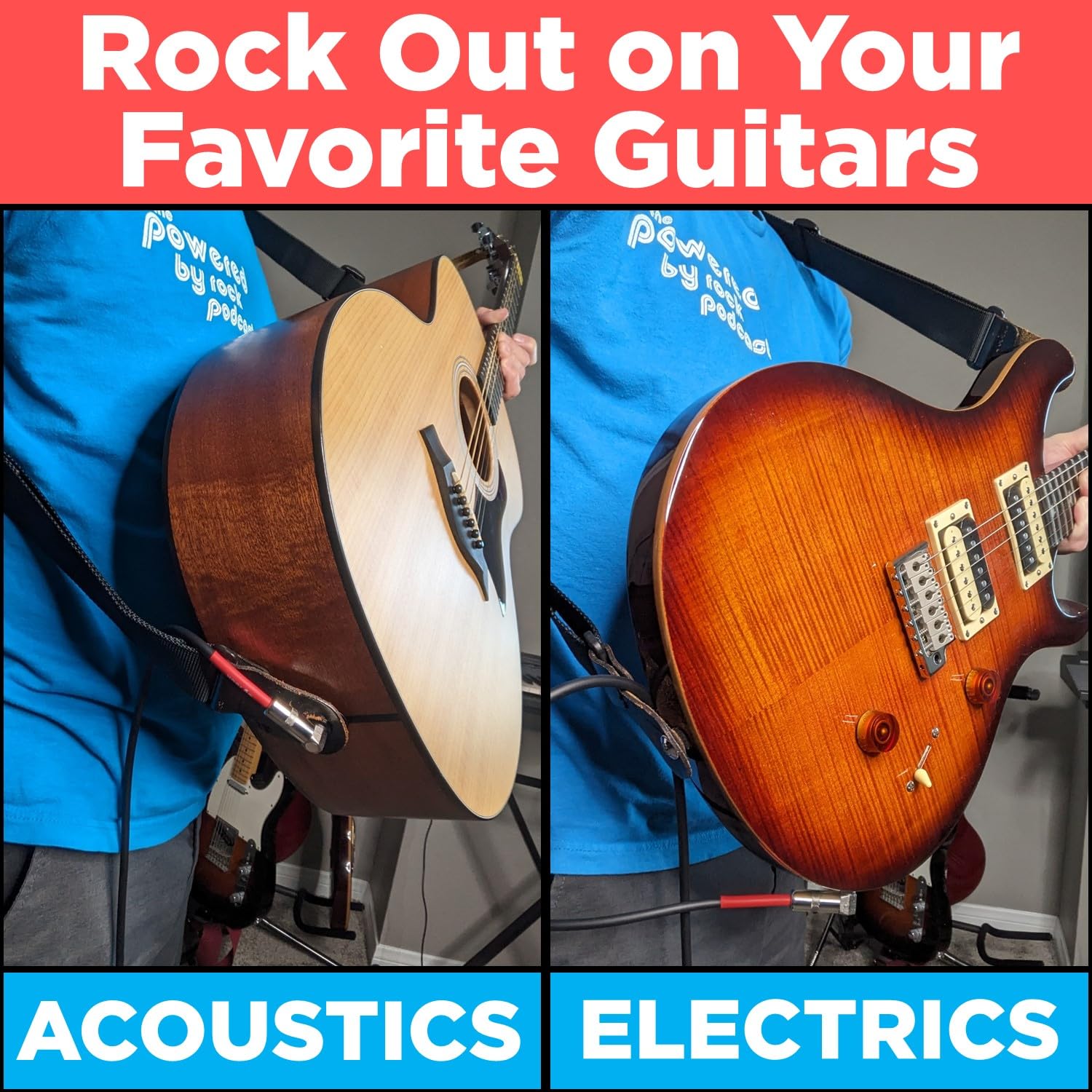 Powered By Rock 15ft Guitar Cable - Tangle-Free Electric Guitar & Bass Cable, 1/4 Inch Male to Male, Right Angle Jack, Black