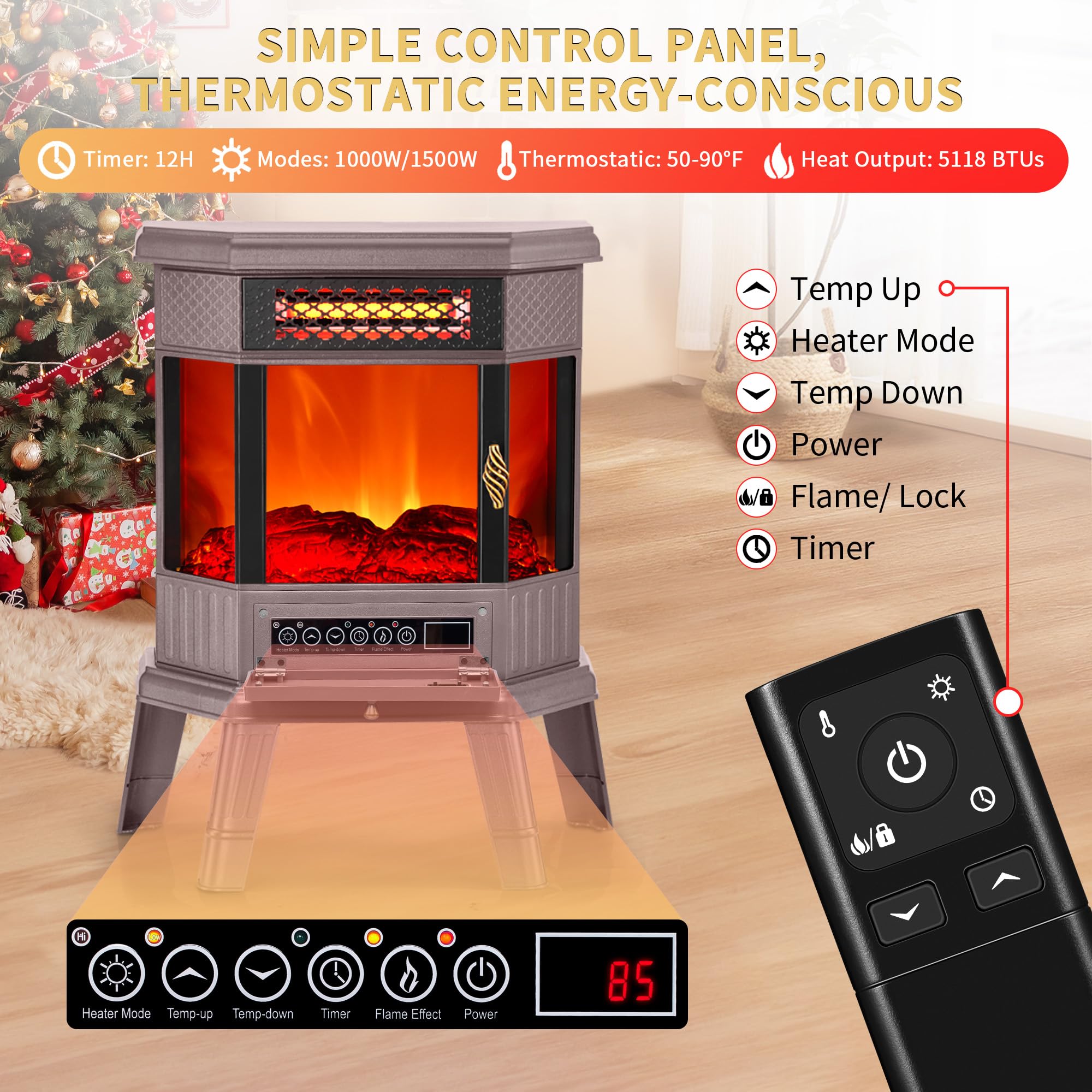 Realsmart Electric Fireplace Heater 22 In Freestanding Fireplace Stove Infrared Fireplace With 3D Flame Effect Remote Control, T
