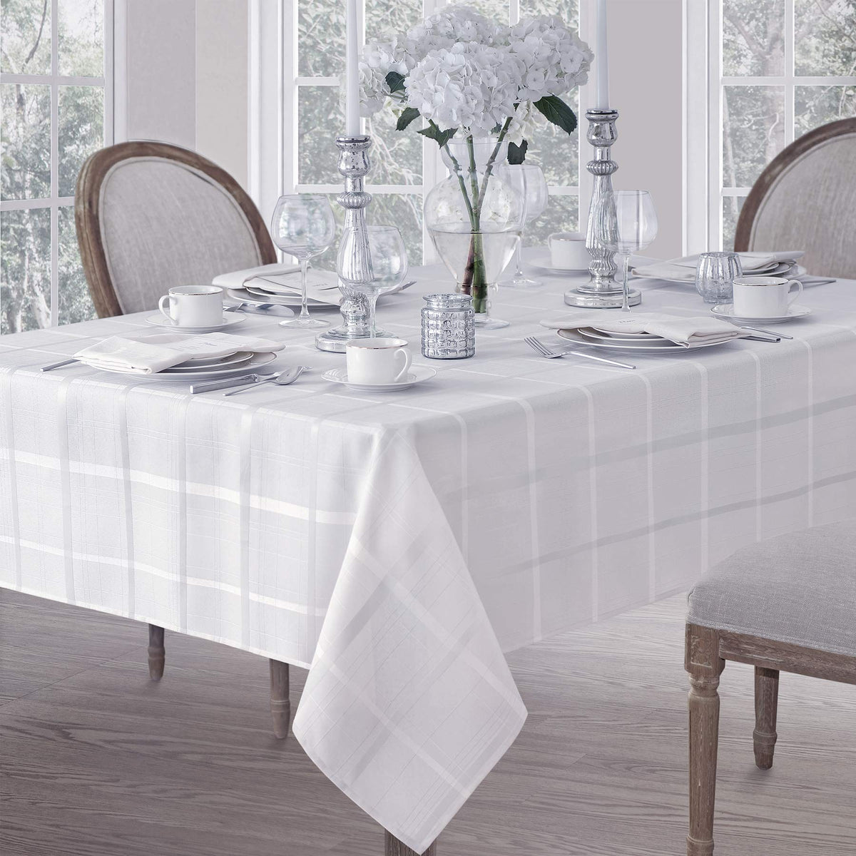 Newbridge Elegance Plaid No Iron Soil Resistant Fabric Woven Tablecloth   60 X 102 Oblong   White
