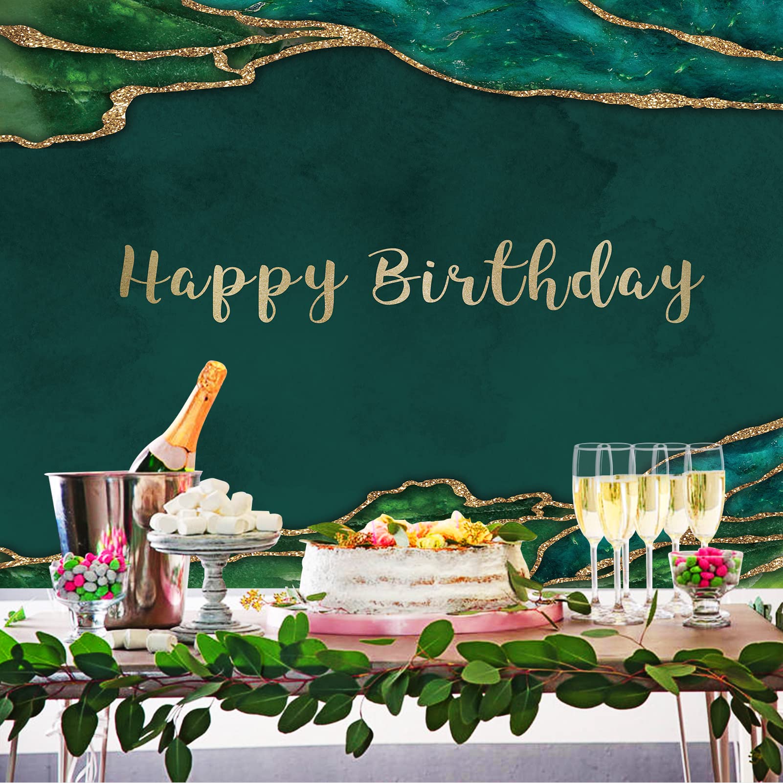 Rsuuinu Happy Birthday Backdrop Emerald Green And Gold Glitter Photography Background Birthday Party Banner For Women Man Cake T