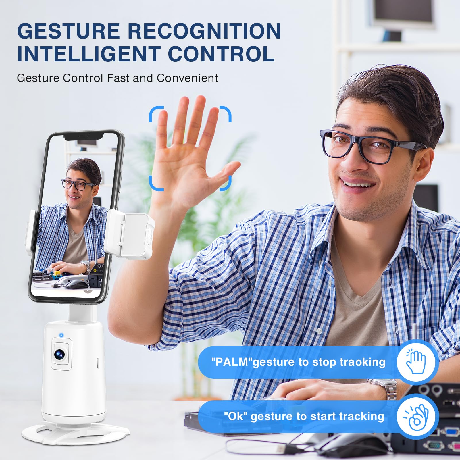 Auto Face Tracking Tripod 360 Rotating Cell Phone Photo And Video Kits Stand, No App, Camera Stand With Remote And Gesture Contr