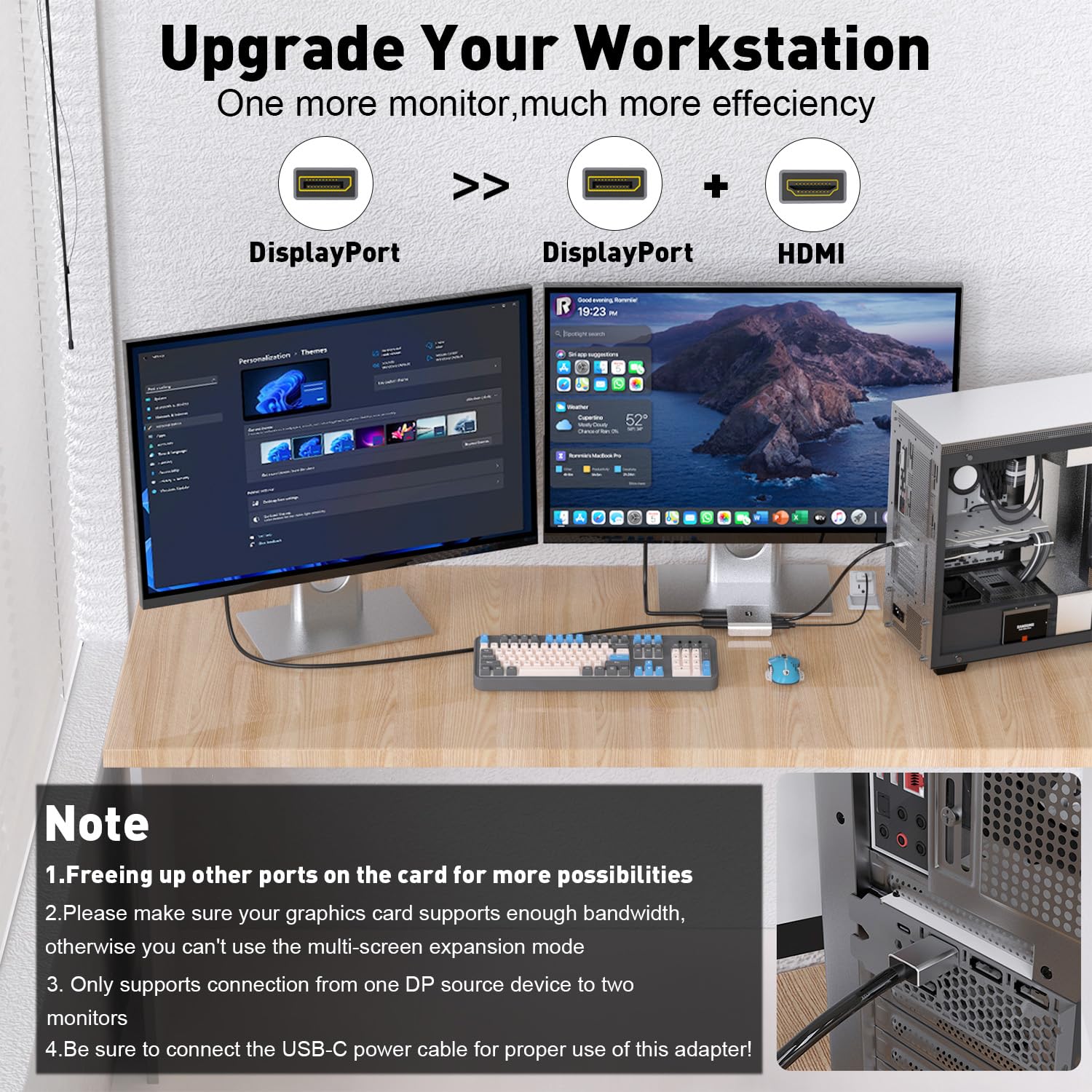 Uantin Displayport To Hdmi And Displayport Adapter | 4K 60Hz Dp Splitter Extended Display Adapter For Dp And Hdmi Dual Monitors,