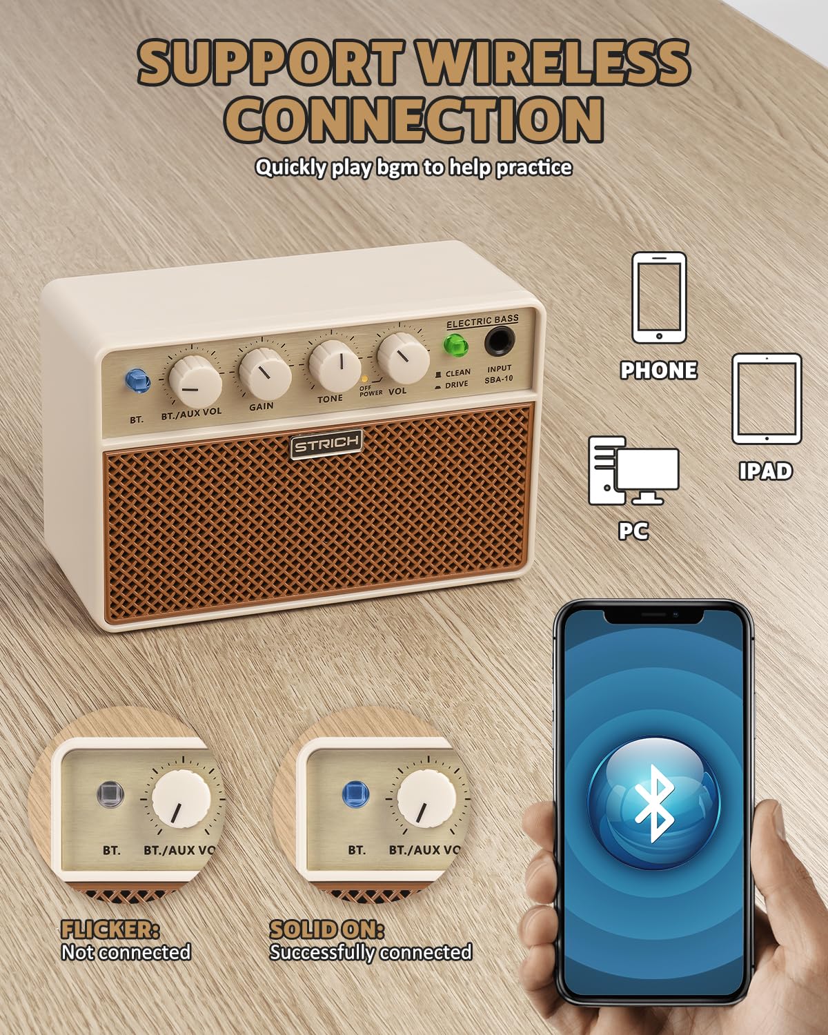 Strich 2 X 5 W Mini Bass Amp - Portable, Rechargeable Bass Practice Amplifier With Clean & Drive Channels For Bass Beginner