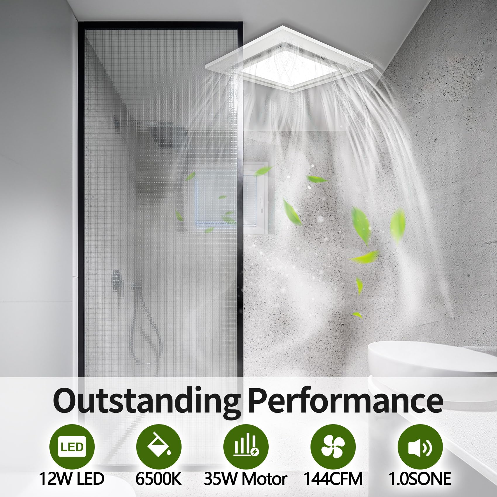 Tepu 11.8In Bathroom Exhaust Fan With Light, 144 Cfm Quiet Bathroom Exhaust Fan With 6500K 12W Led Light, Bathroom Vent Fan With