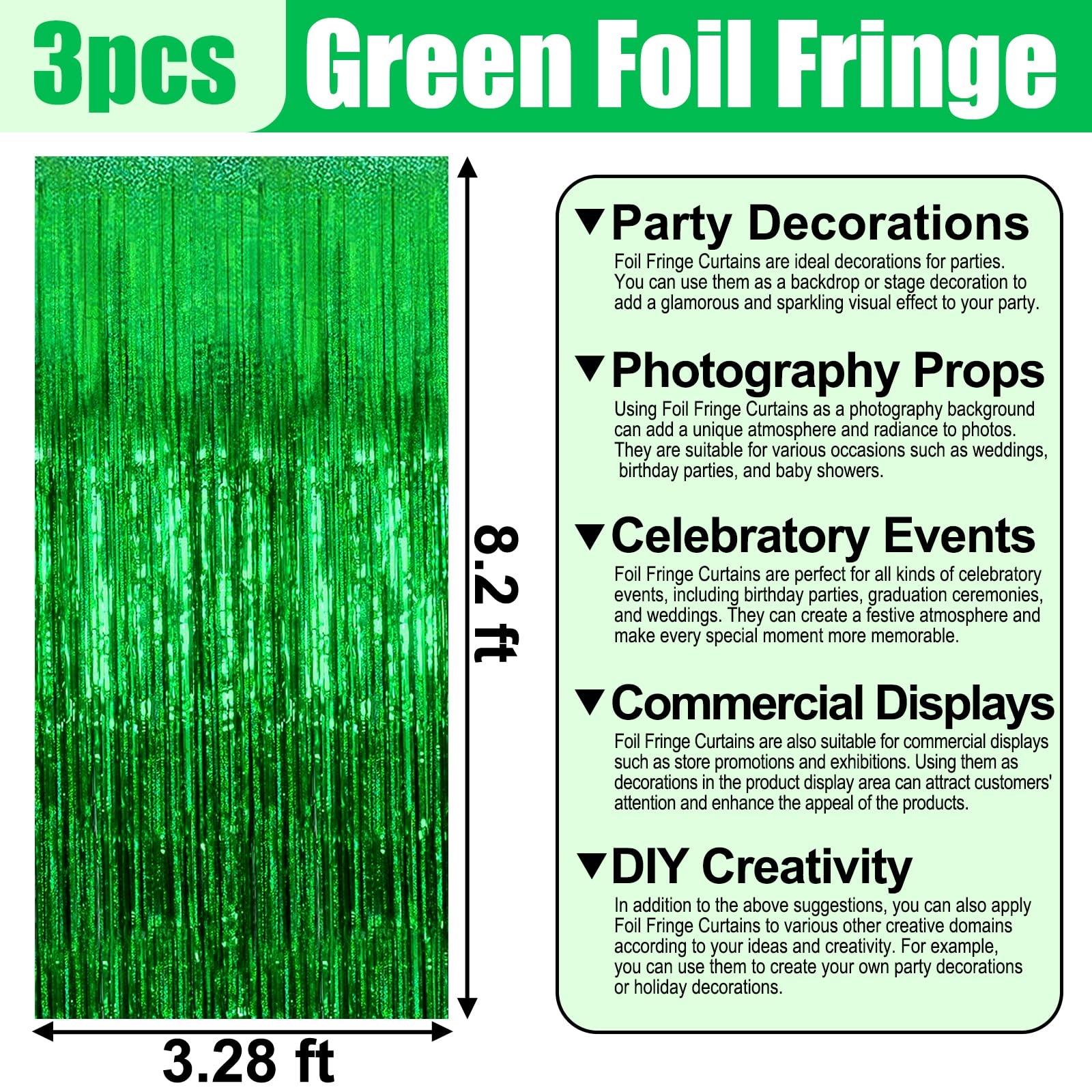 3 Pack Green Foil Fringe Curtain Backdrop, 3.28Ft X 8.2Ft Metallic Tinsel Foil Fringe Streamer Curtains For Photo Booth, Valenti