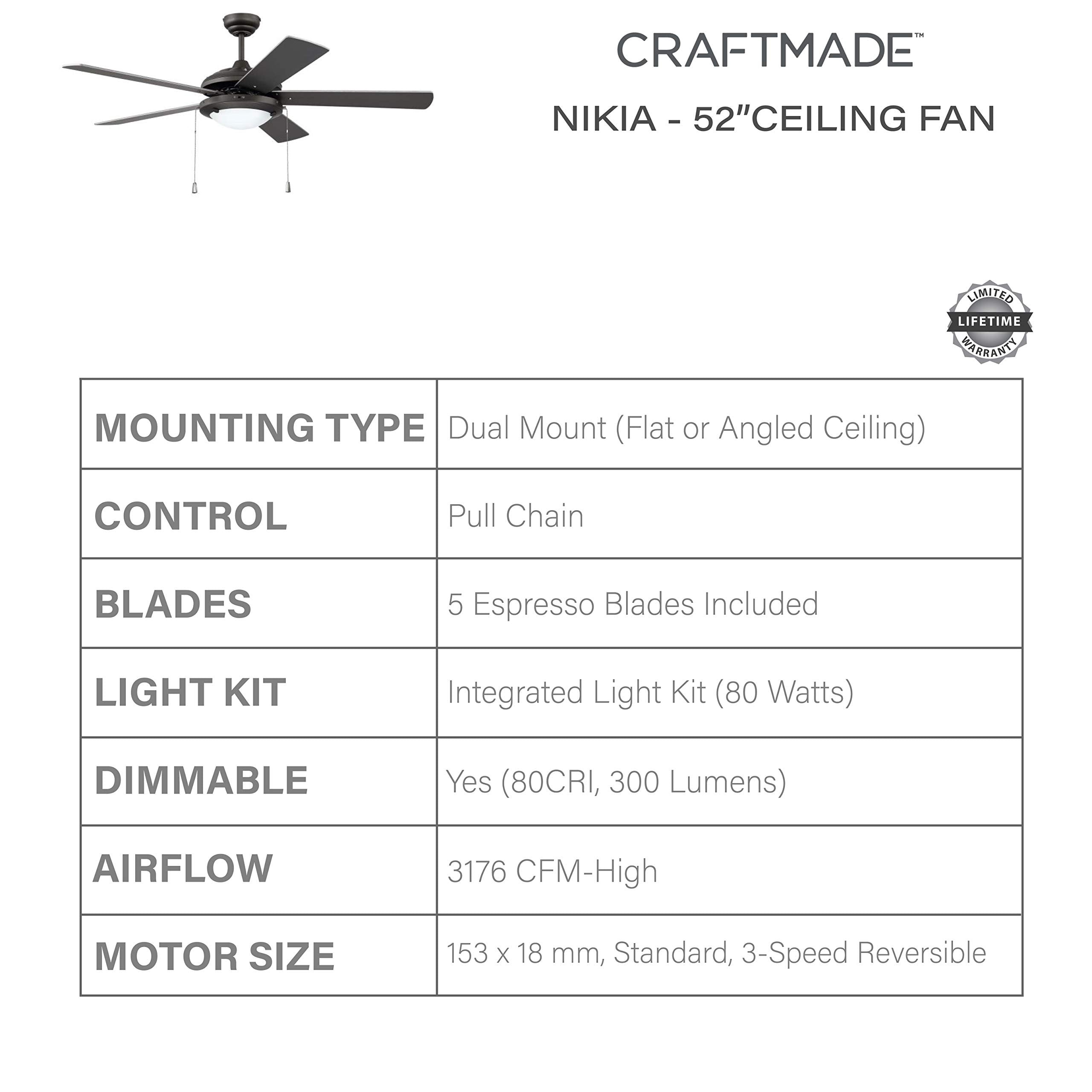 Craftmade Nik52Esp5 Nikia 52'' Outdoor Ceiling Fan With Light Kit, 5 Blades, Espresso