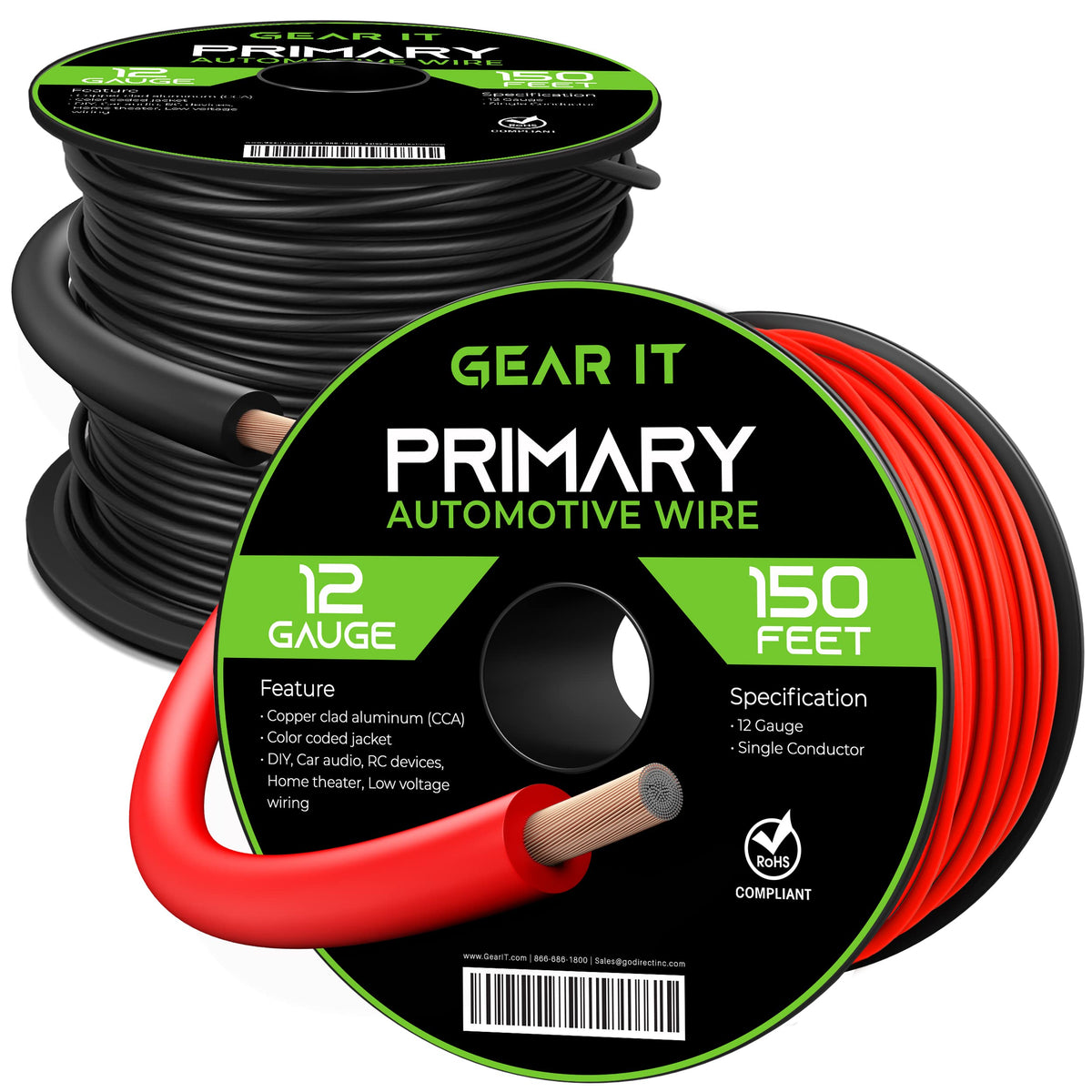Gearit 12 Gauge Wire (150Ft Each   Black/Red) Copper Clad Aluminum Cca   Primary Automotive Power/Ground For Battery Cable, Car