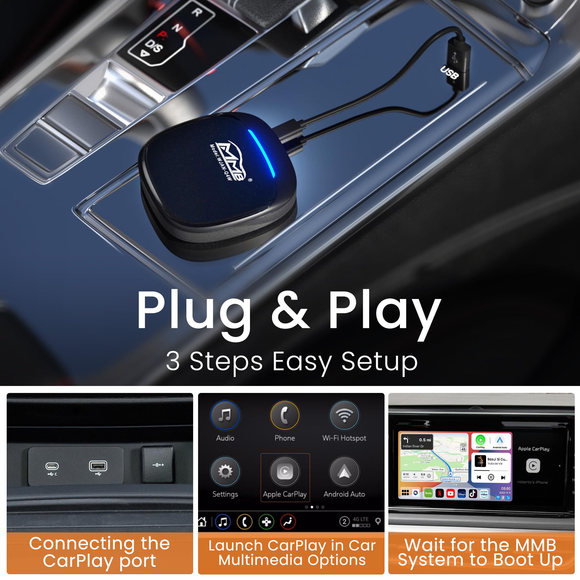 Mmb Max 5.0 Carplay Box 2024 Newest Android 13.0 Multimedia Video Ai Box, Qcm 6225 8 Core 8+128Gb Online Youtube/Netflix/Google