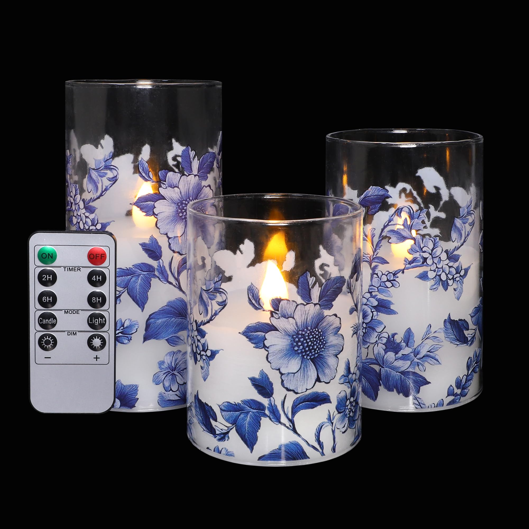 Flameless Candles Glass with Remote Control & Timer Function, Blue and White Porcelain Theme Design, Home Party Wedding Christma