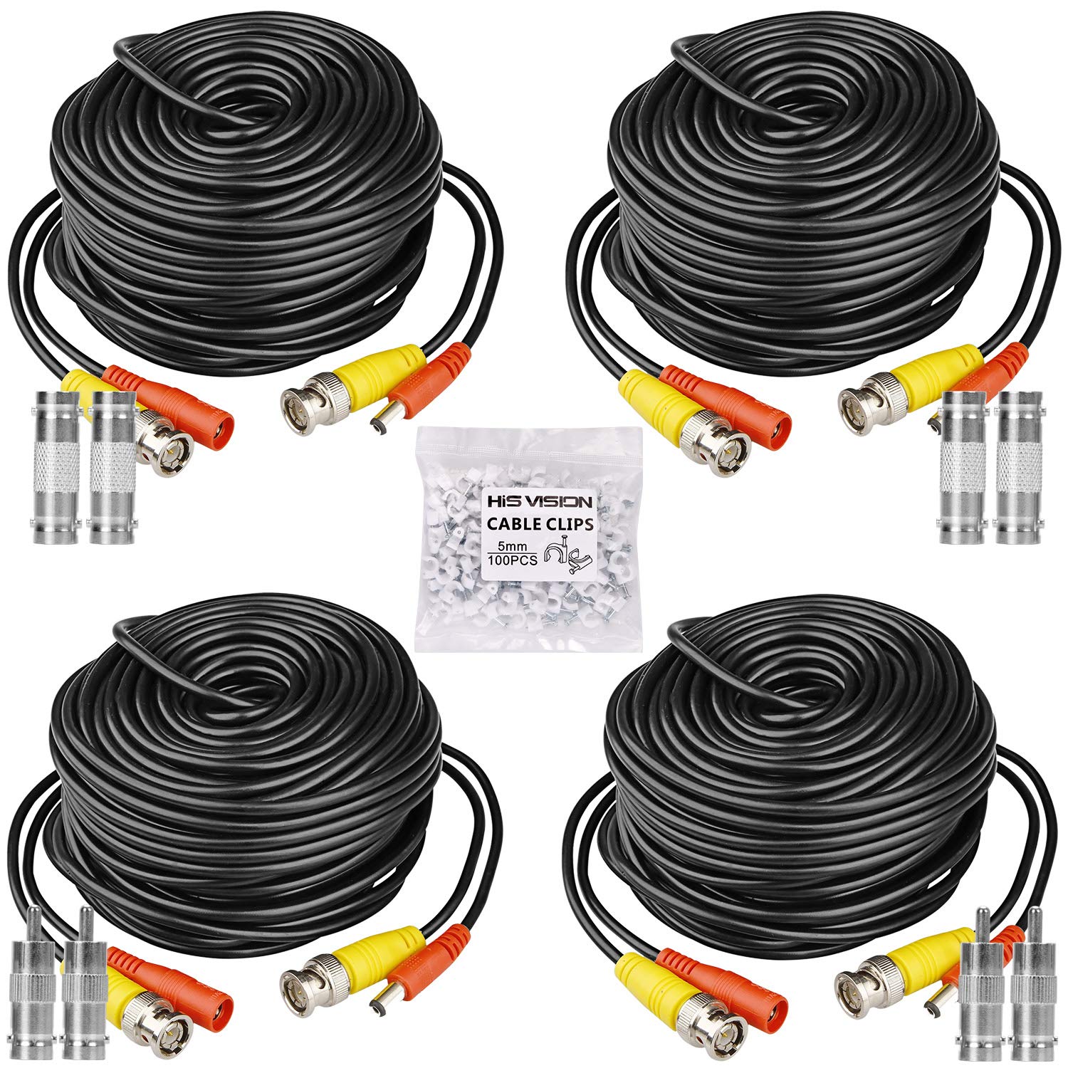 Hisvision 4 Pack 100Ft Bnc Video Power Cable, Security Camera Wire Cord Extension Cable, 8Pcs Bnc Connectors And 100Pcs Clips For Surveillance System