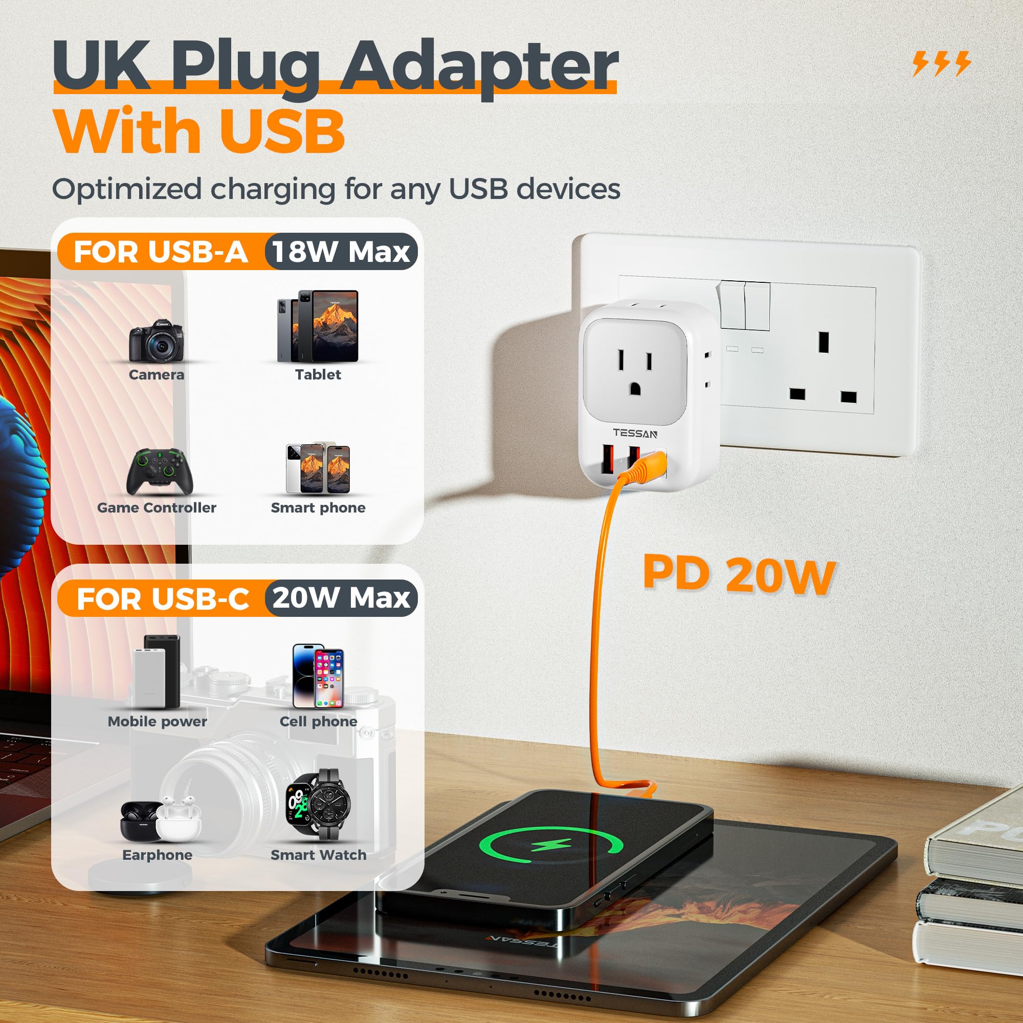 Uk Adapters For Travel, Tessan Us To Uk Travel Plug Adapter, Foldable Power Adaptor With 4 Outlet 3 Usb(1 Usb C Pd 20W), Type G