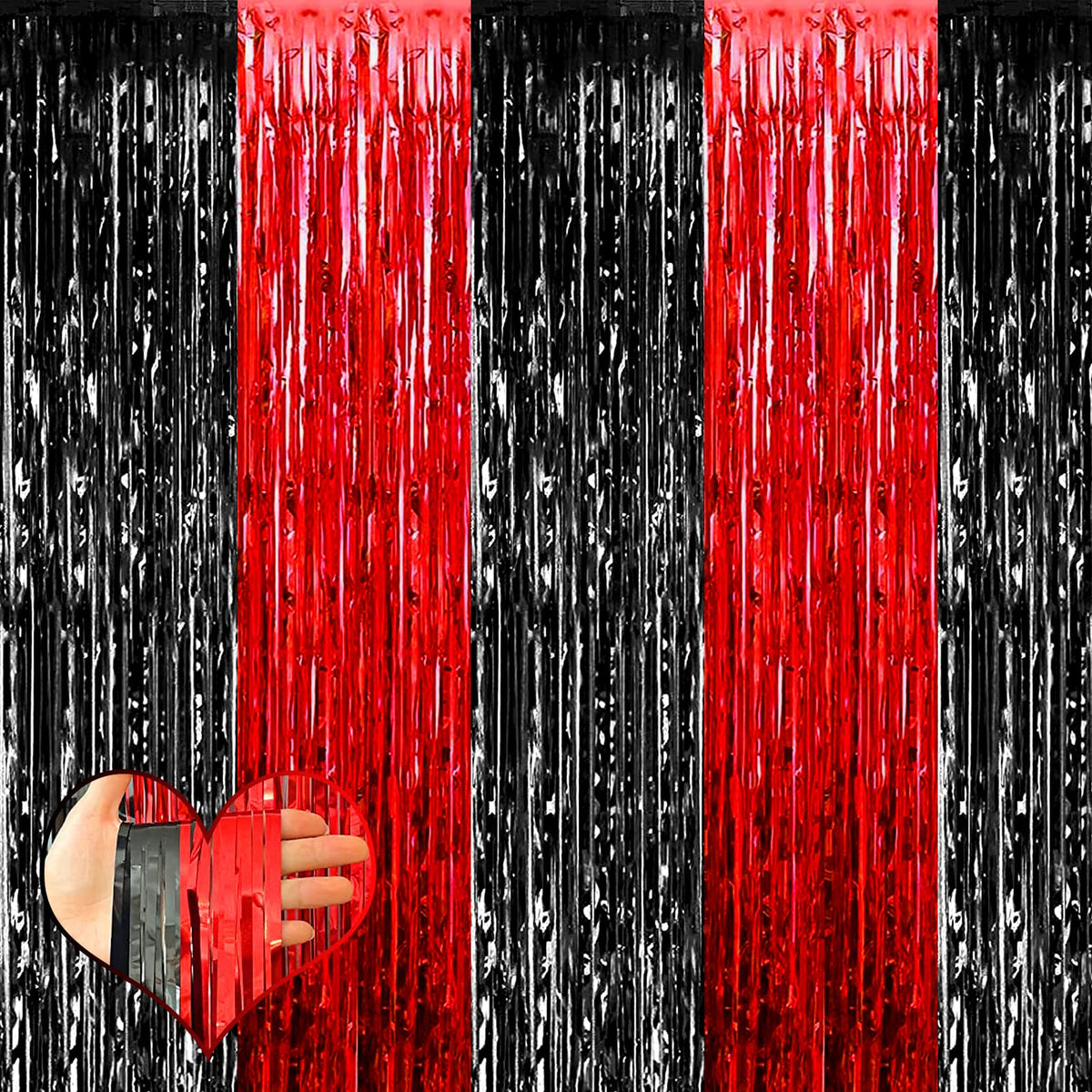 4 Pack 3.2Ft X 8.2Ft Black Red Fringe Curtain Backdrop, Metallic Tinsel Foil Fringe Streamers Curtains Background For Photo Boot