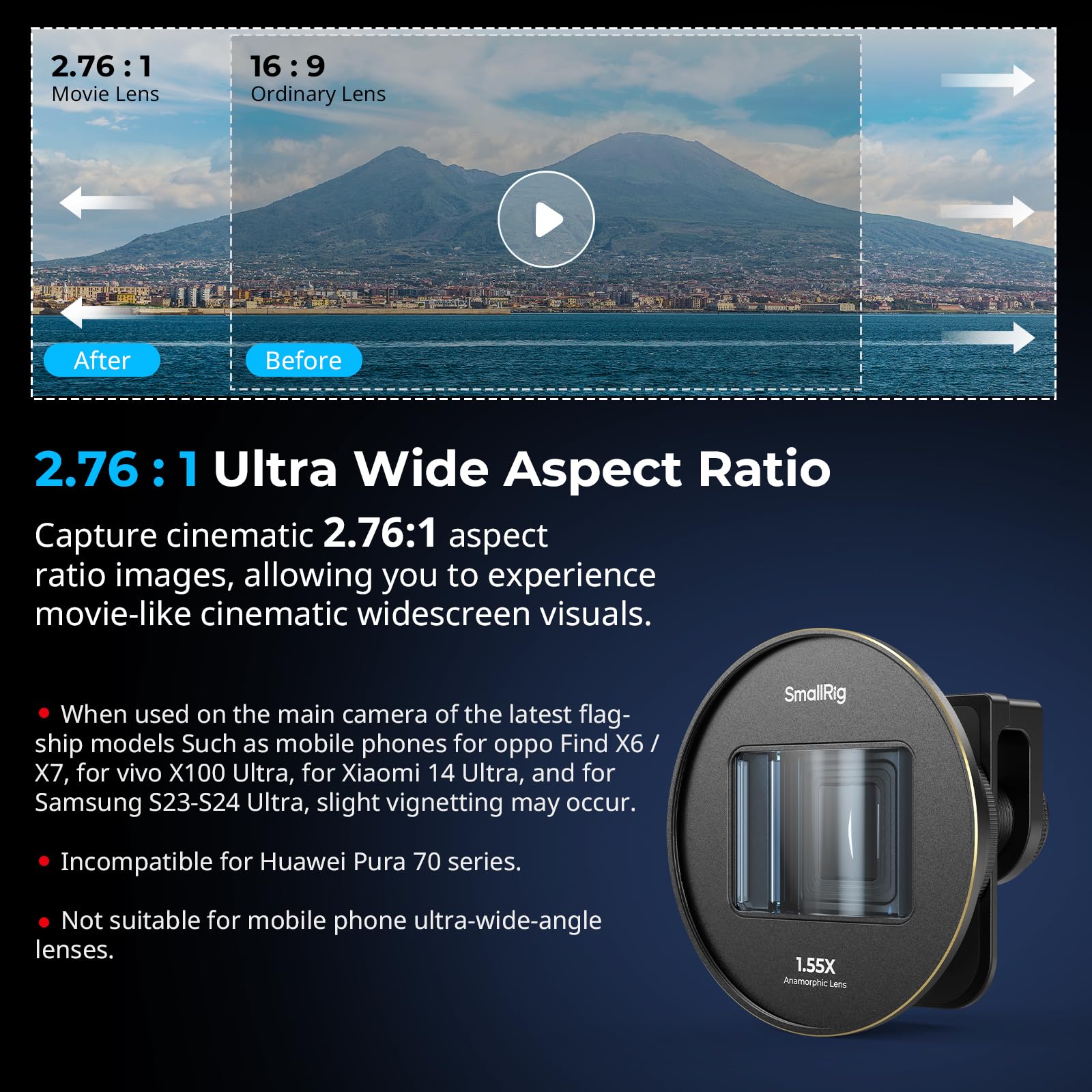 Smallrig 1.55Xt Anamorphic Lens For Phone, 2.76:1 Widescreen Cinematic Blue Flare Lens For T-Mount Phone Cage, Anamorphic Lens W