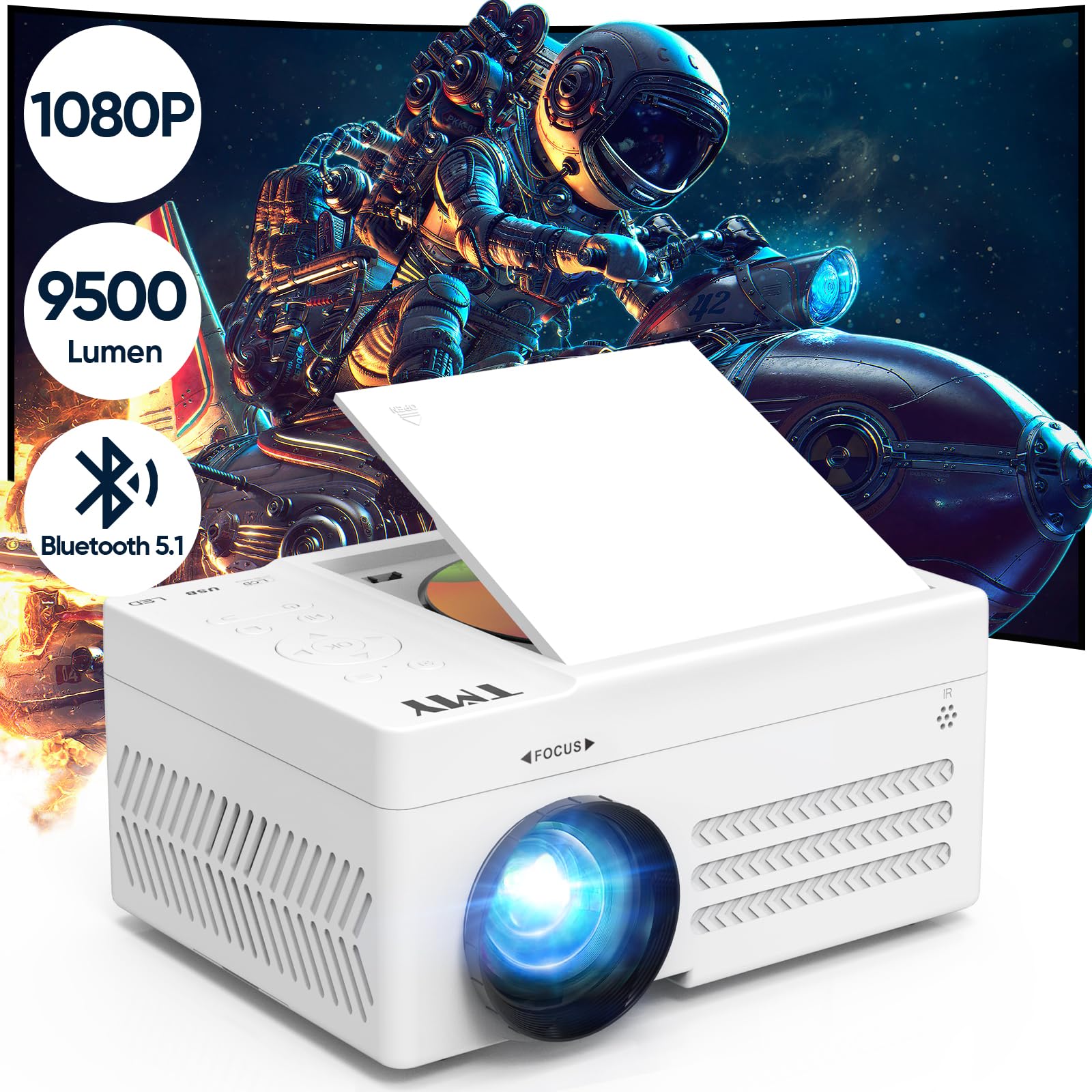 TMY 1080P Mini Bluetooth Projector with Built-in DVD Player, Portable for Outdoor Movies, Compatible with Smartphone/PC/TV Stick/HDMI/USB/TF