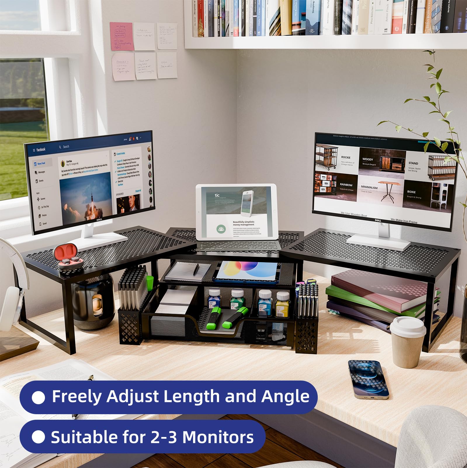 Simple Trending Monitor Stand Riser, Adjustable Angle Computer Desk Organizer With Drawer Storage And Pen Holder , Black